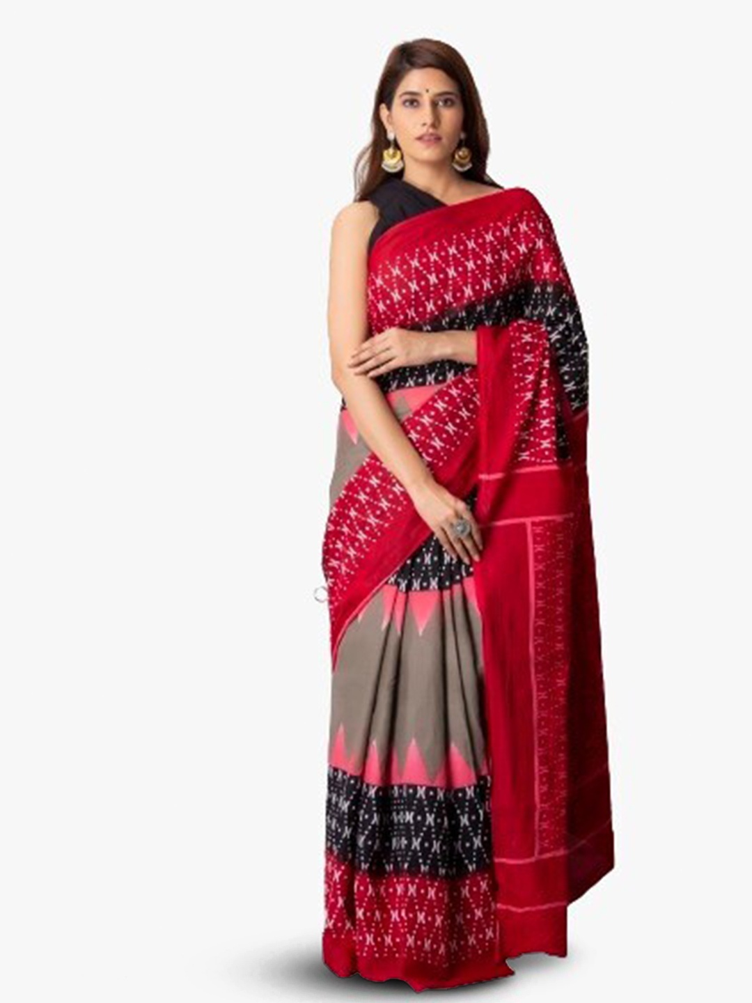 

KIAARON Ethnic Motifs Pure Cotton Block Print Saree, Red