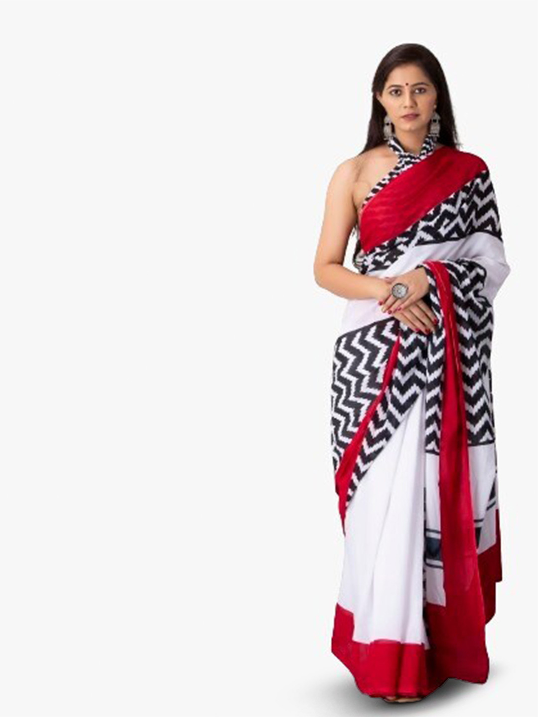 

KIAARON Geometric Pure Cotton Block Print Saree, Red