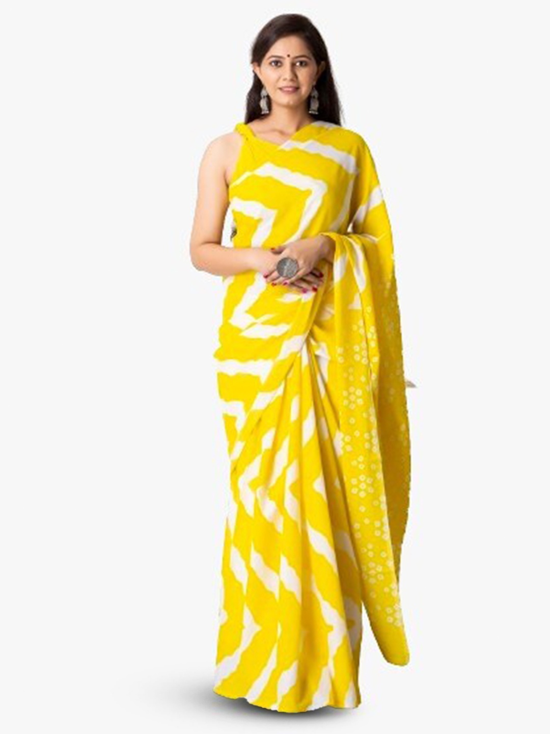 

KIAARON Geometric Pure Cotton Block Print Saree, Yellow