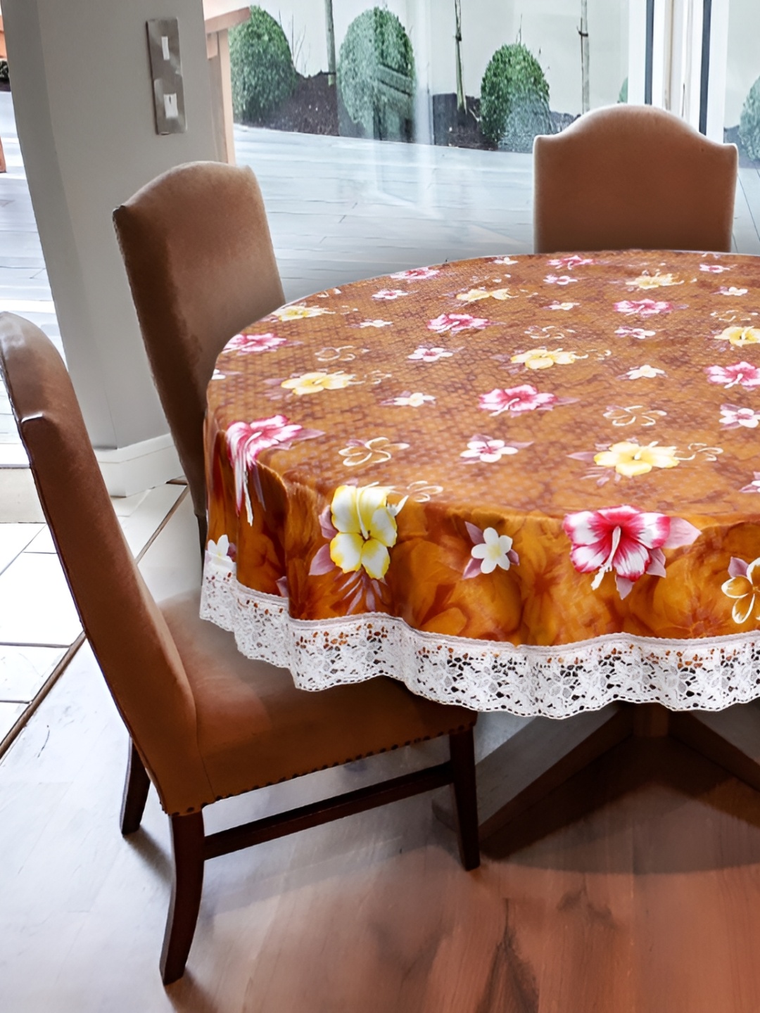 

Stylista Orange & White Floral Printed 1.82 m x 1.82 m Waterproof Round Table Cover