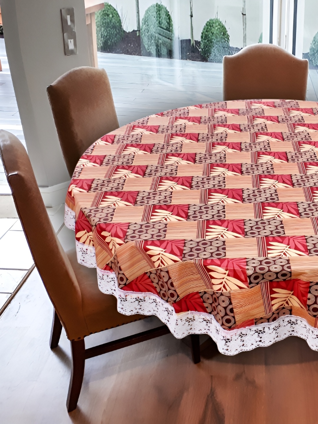 

Stylista Beige & Red Waterproof Geometric Print Round 6 Seater Table Cover