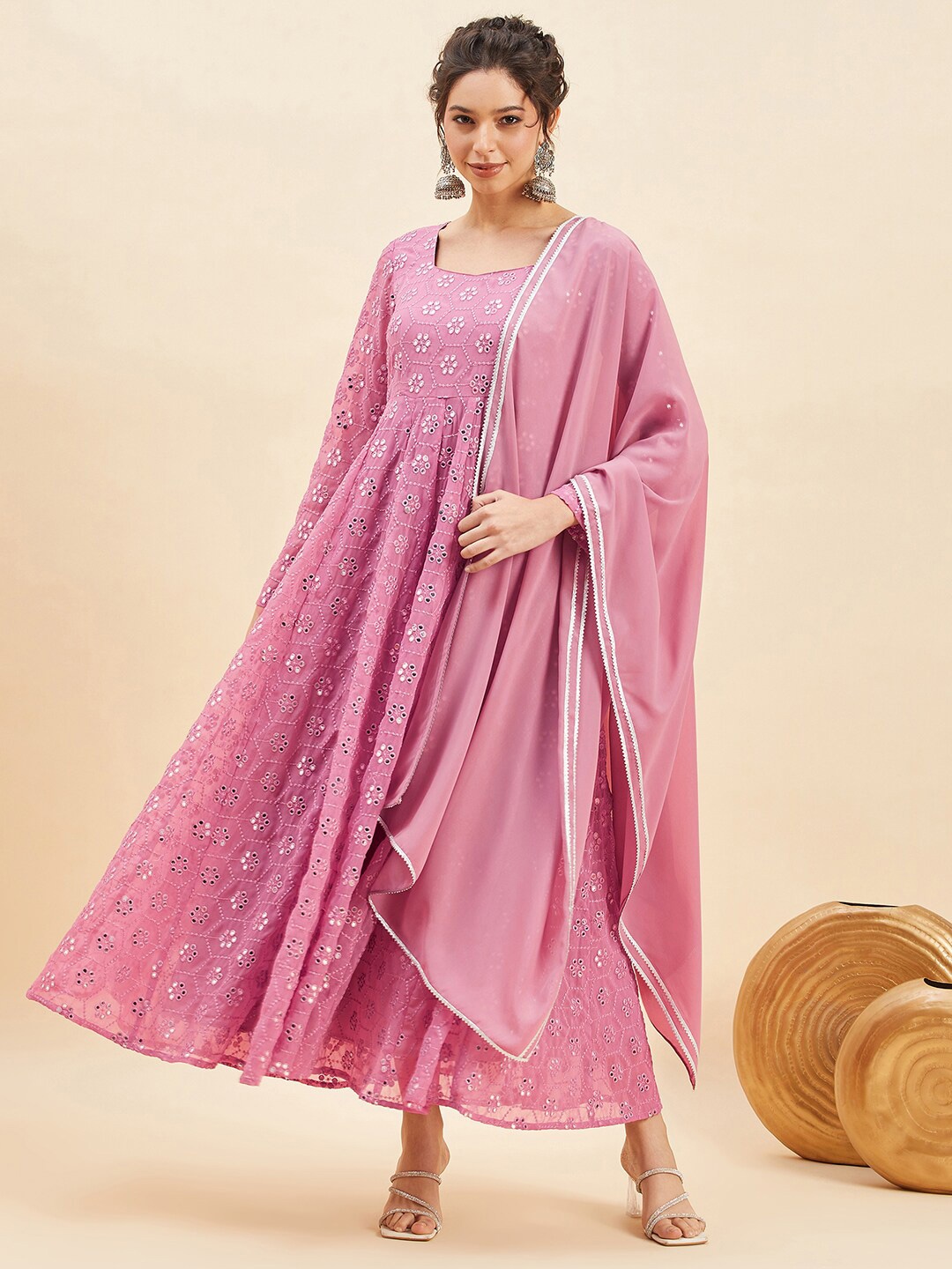

PANIT Mirror Embroidered Flared Ethnic Dresses With Dupatta, Pink
