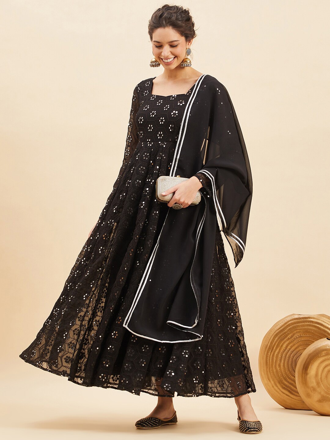 

PANIT Mirror Work Embroidered Maxi Dress With Dupatta, Black