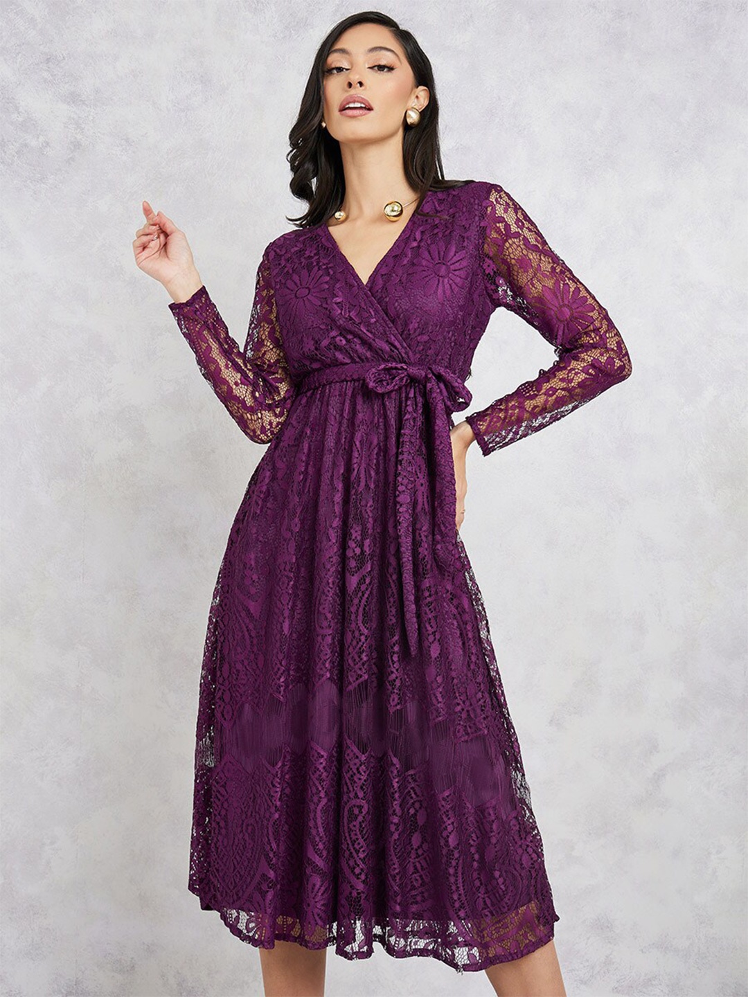 

Styli Women's Purple Wrap Midi Length Dress With Tie Up, Maroon