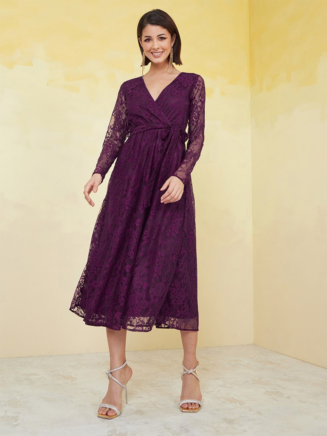 

Styli Lace Insert Self Tie Belt Wrap Midi Length Dress, Burgundy