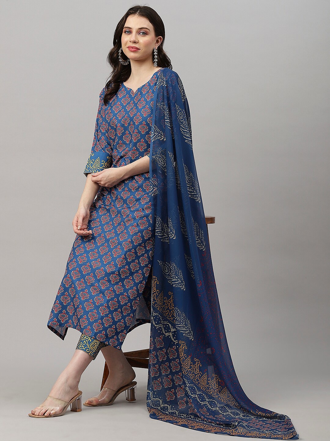 

KALINI Blue Ethnic Motifs Printed Regular Kurta with Trousers & Dupatta