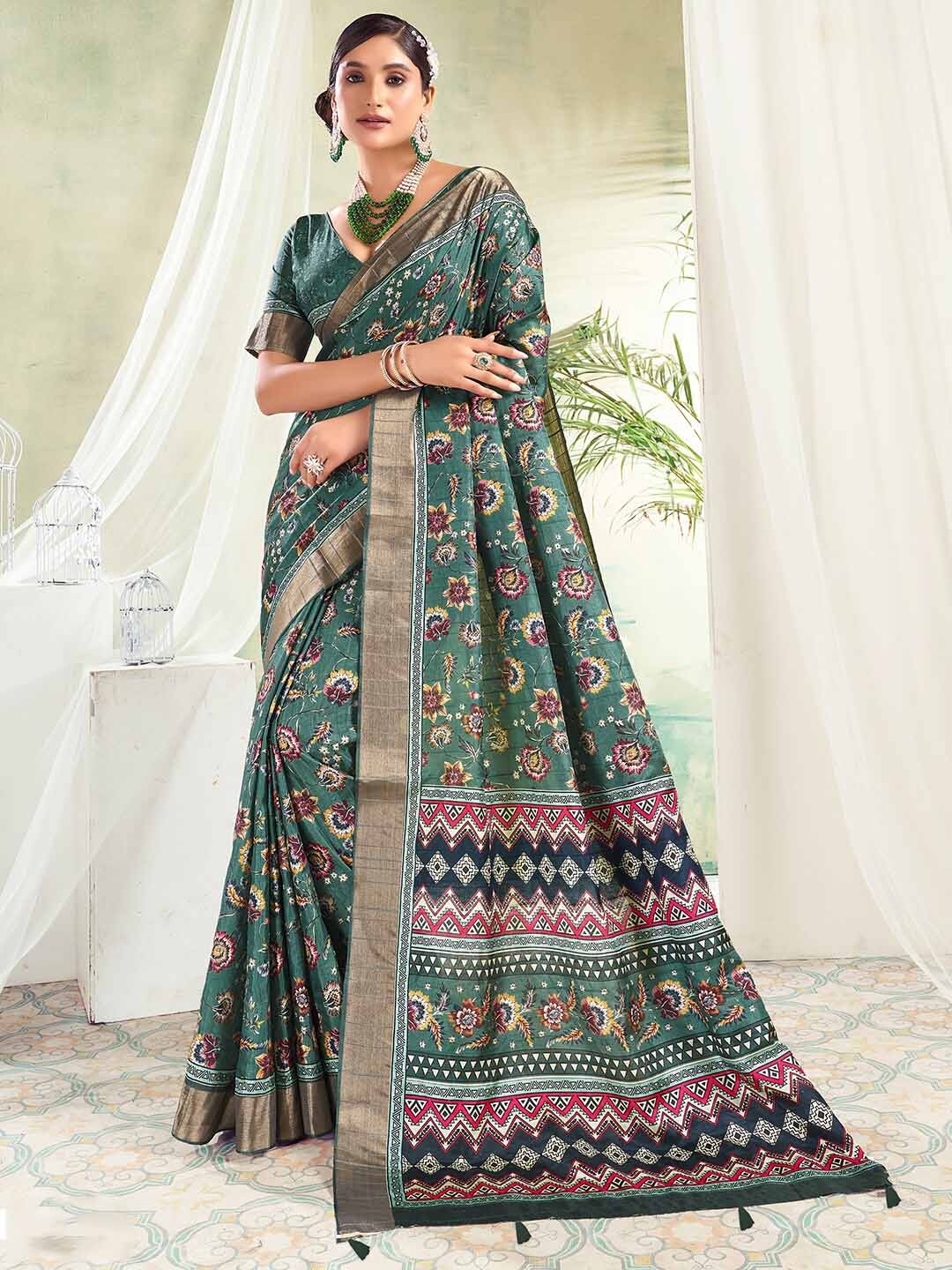 

SANSKAR Floral Printed Zari Saree, Green