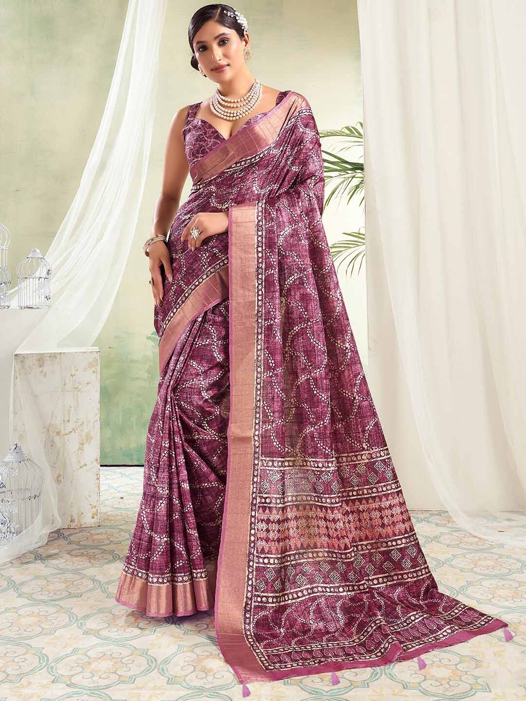 

SANSKAR Floral Printed Zari Saree, Pink