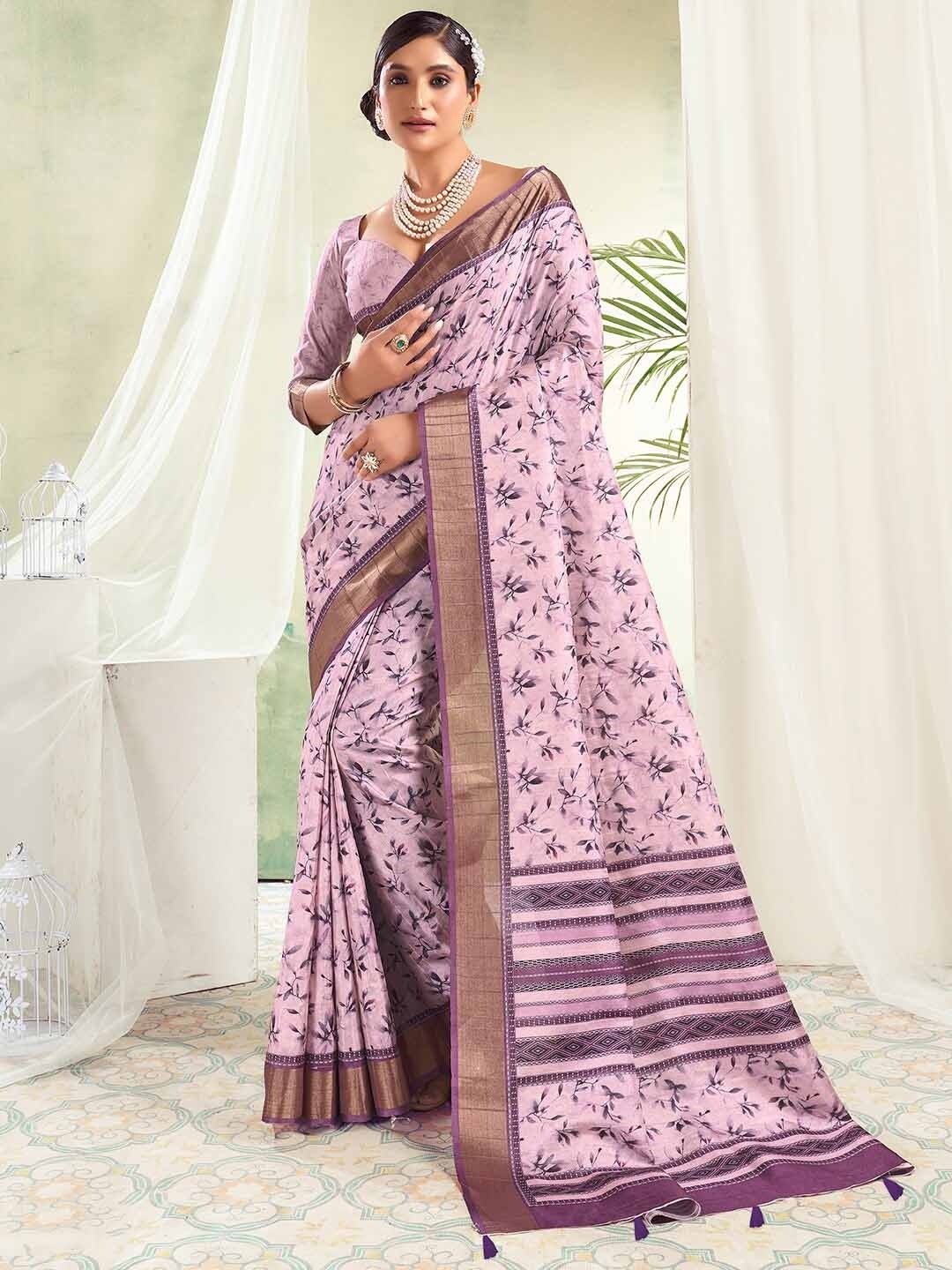 

SANSKAR Floral Printed Zari Saree, Pink