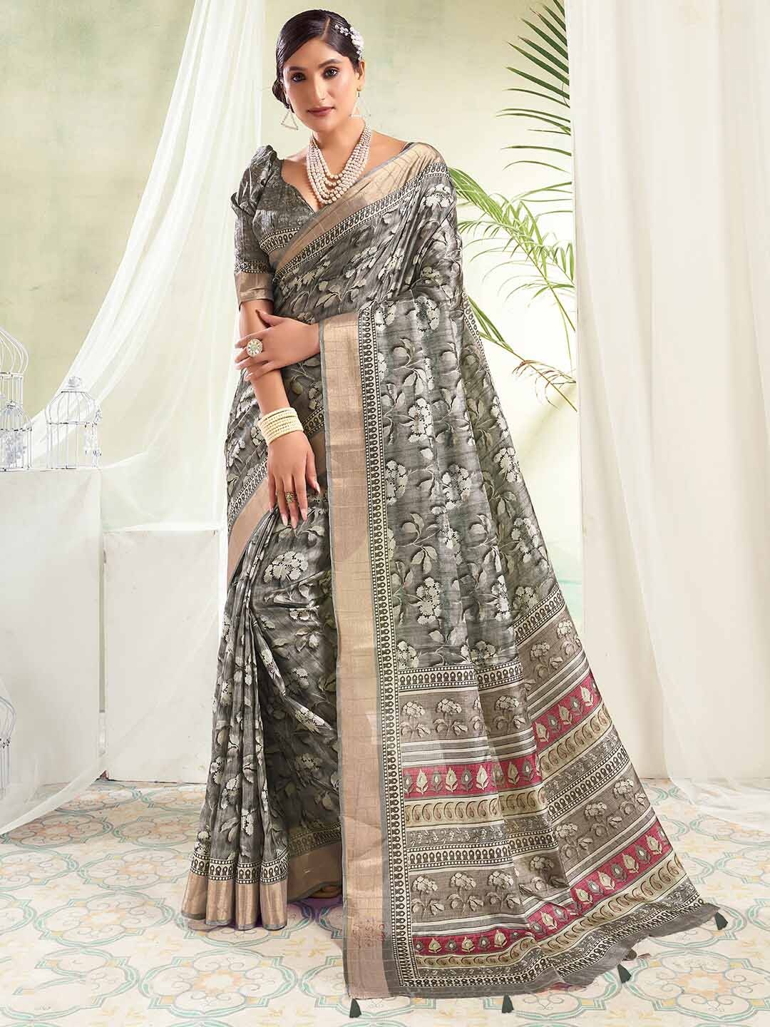 

SANSKAR Floral Printed Zari Saree, Grey