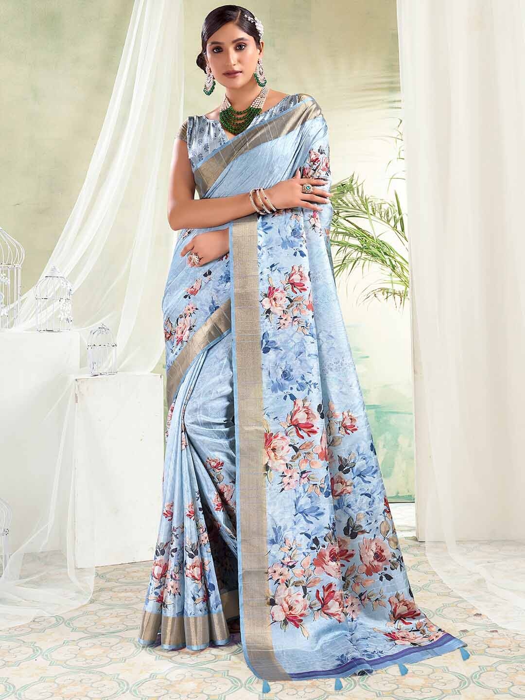 

SANSKAR Floral Printed Zari Saree, Turquoise blue