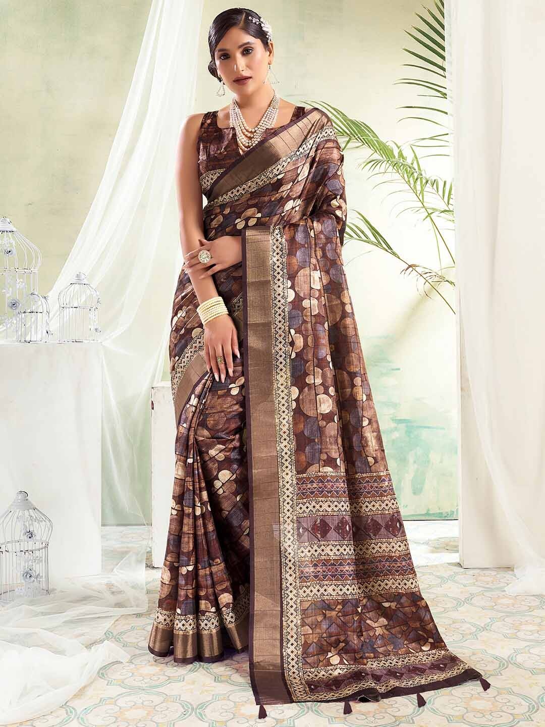

SANSKAR Geometric Printed Zari Saree, Brown