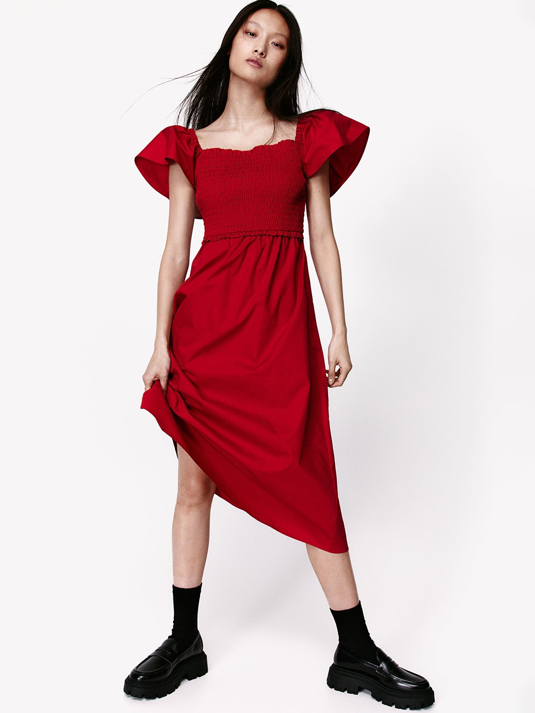 

H&M Pure Cotton Smocked Bodice Dress, Red