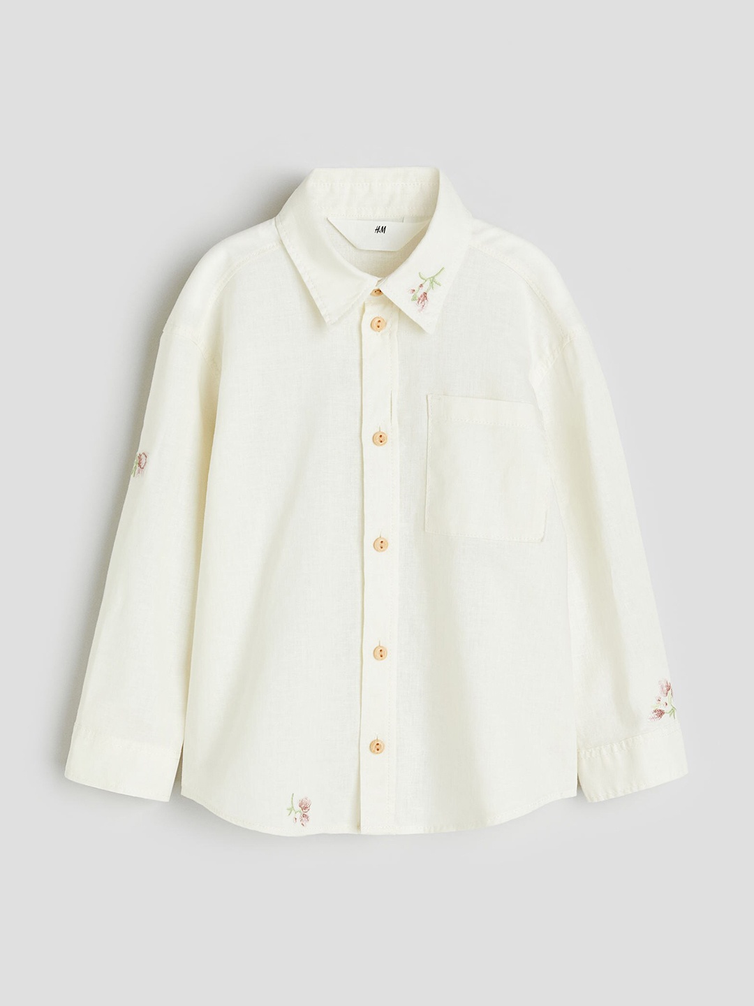 

H&M Boys Embroidered Motif Linen Blend Shirt, White