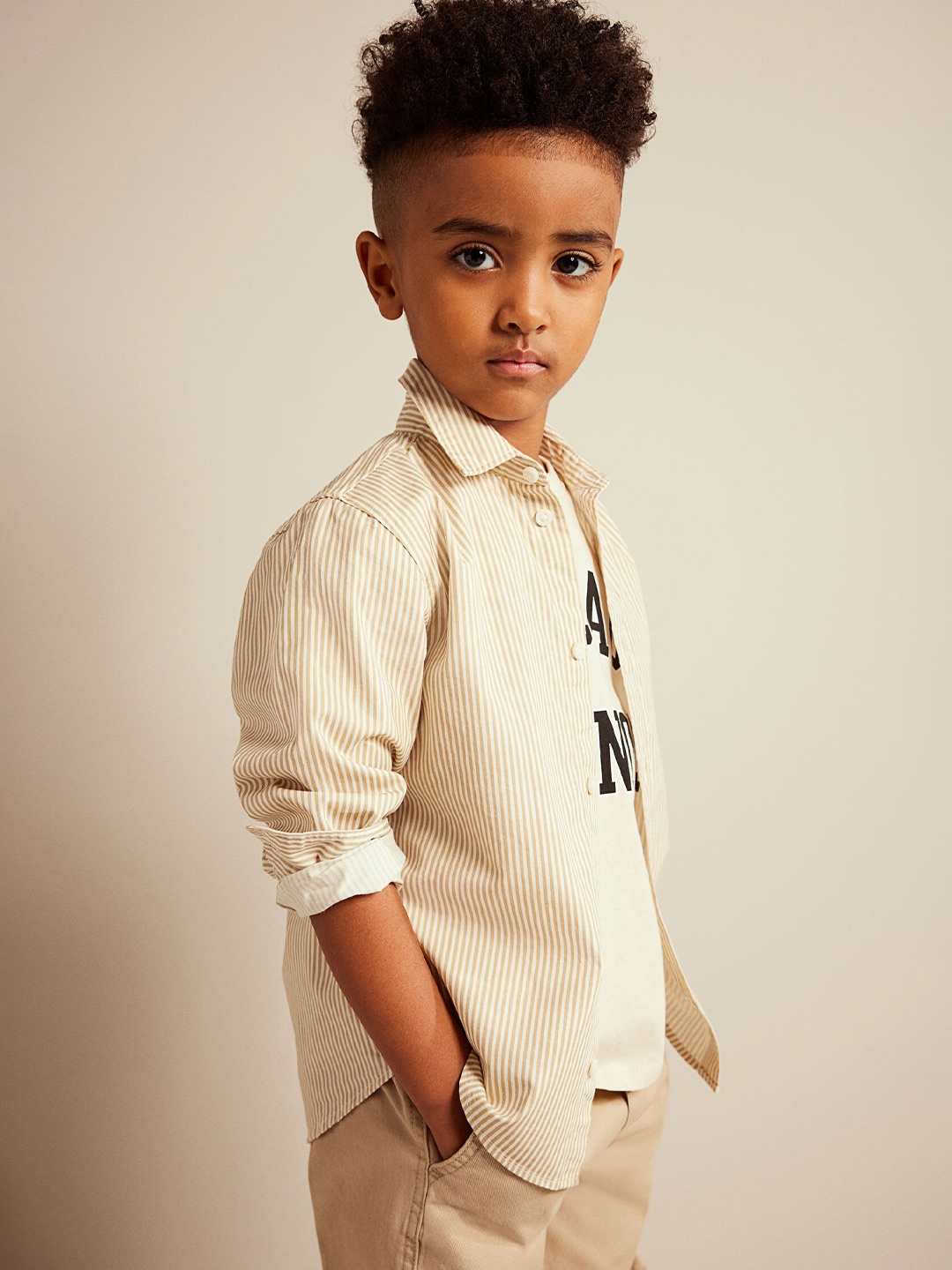 

H&M Boys Long-Sleeved Cotton Shirt, Beige