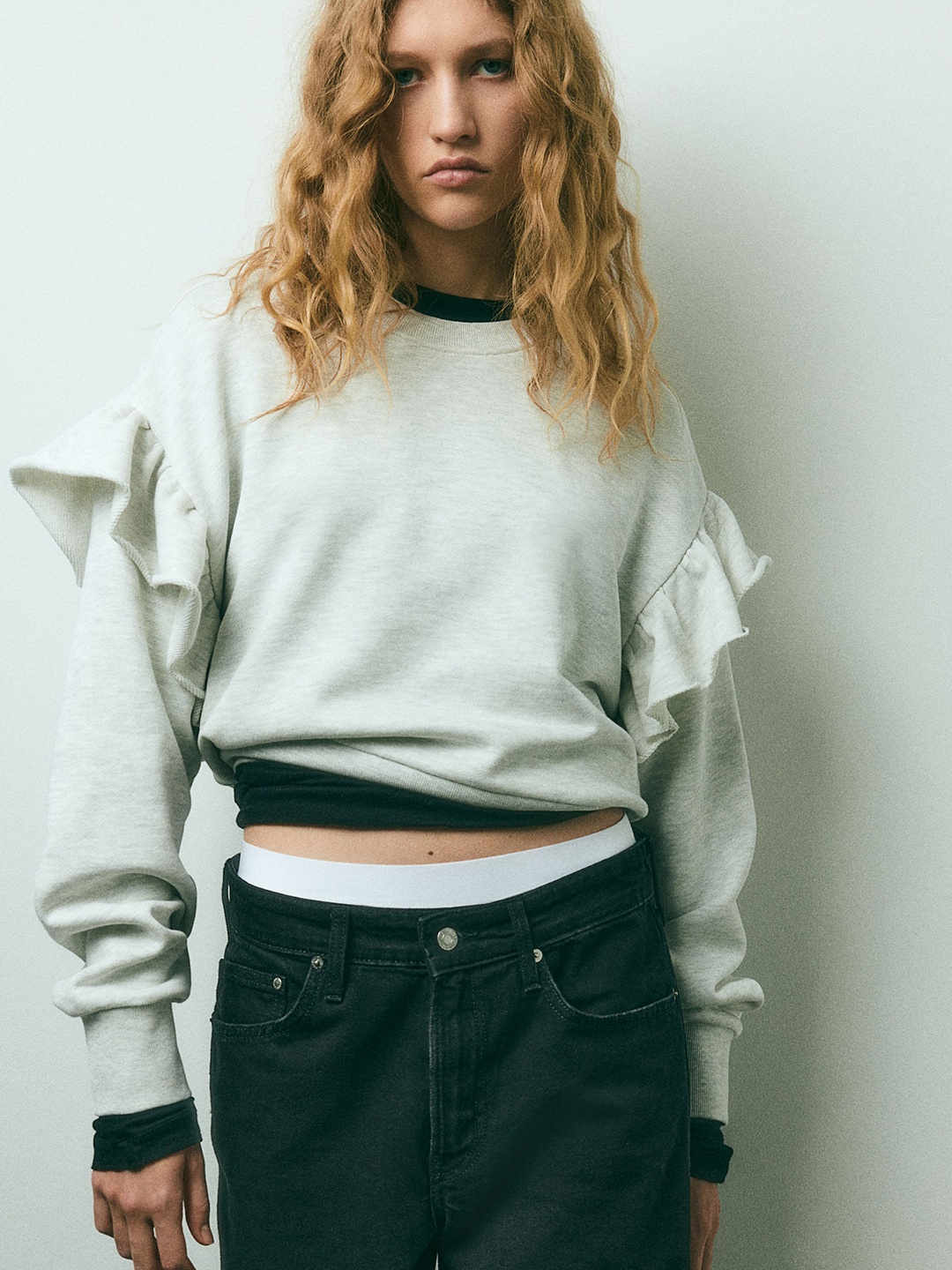 

H&M Cotton Oversized Frill-Trimmed Sweatshirt, Grey