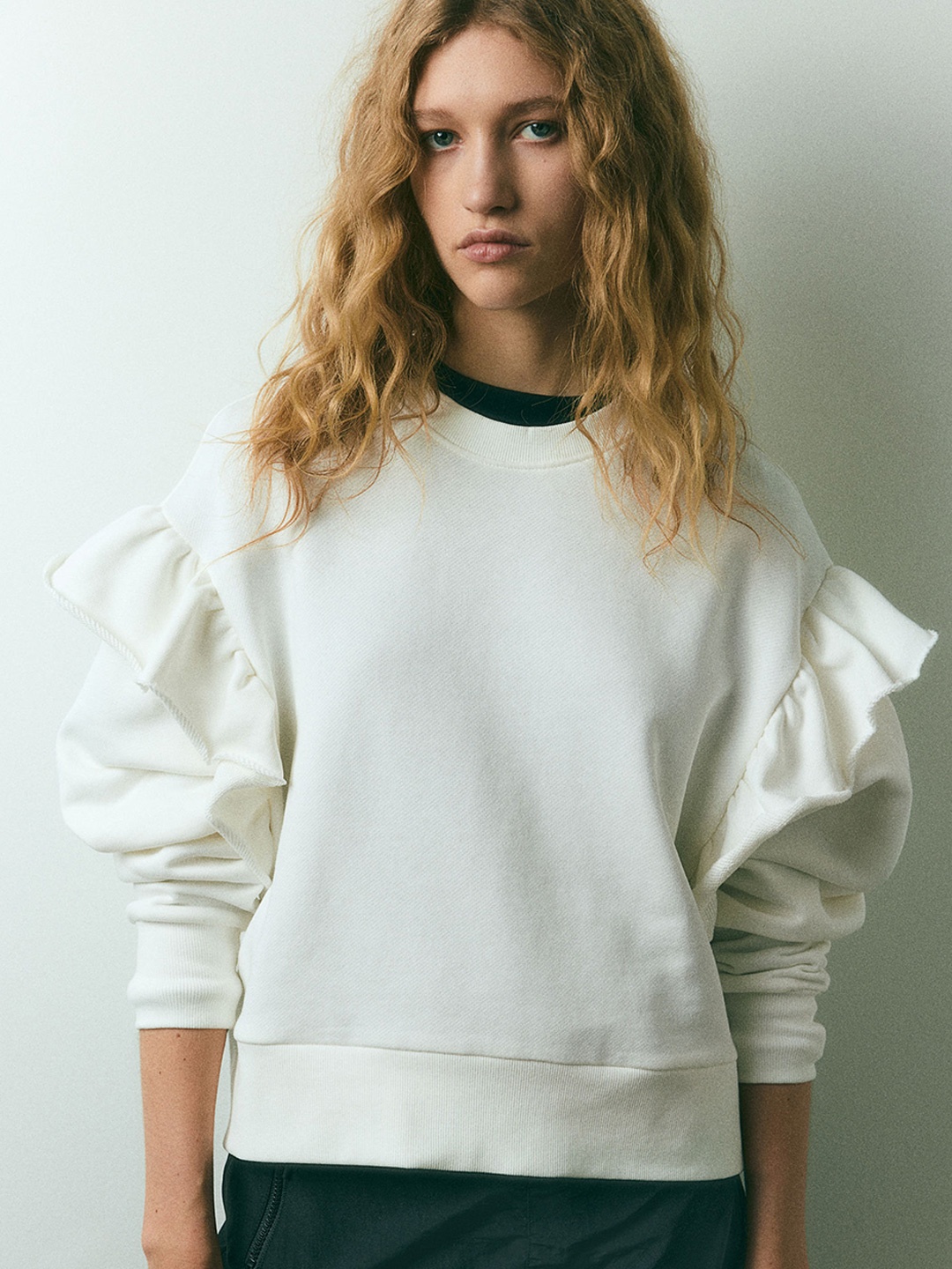 

H&M Pure Cotton Oversized Frill-Trimmed Sweatshirt, White