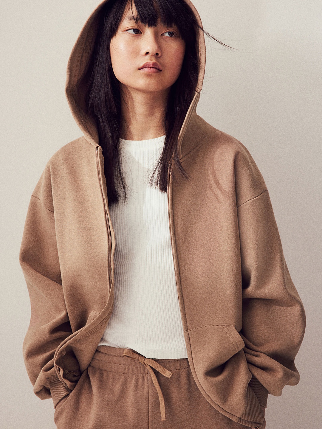 

H&M Girls Oversized Zip-Through Hoodie, Beige