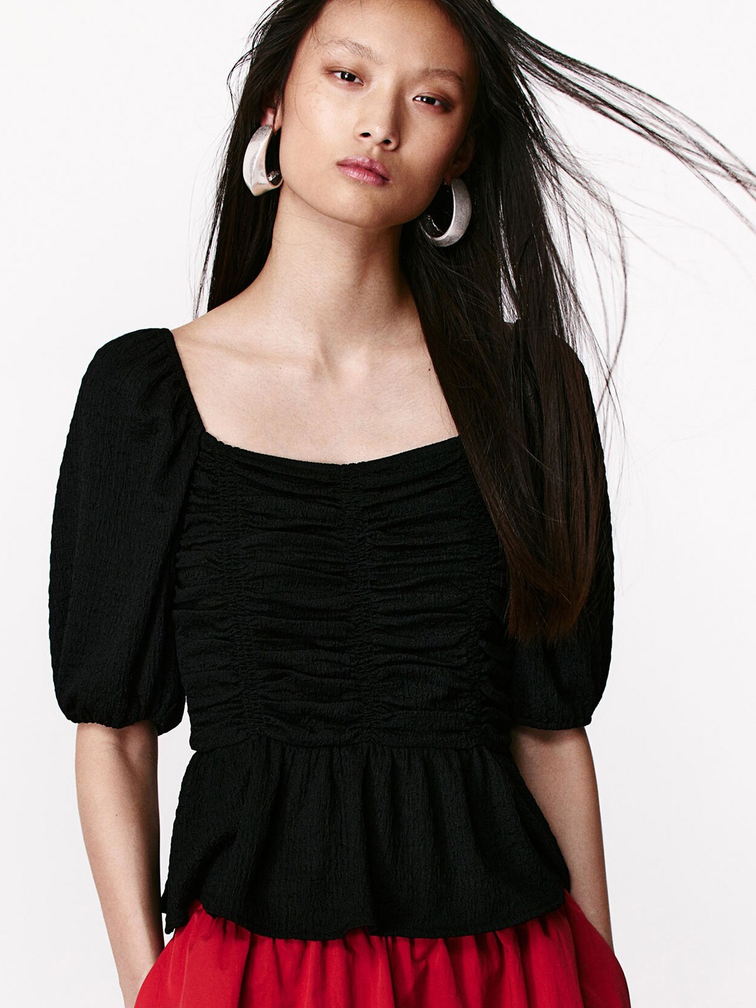 

H&M Puff Sleeved Peplum Top, Black