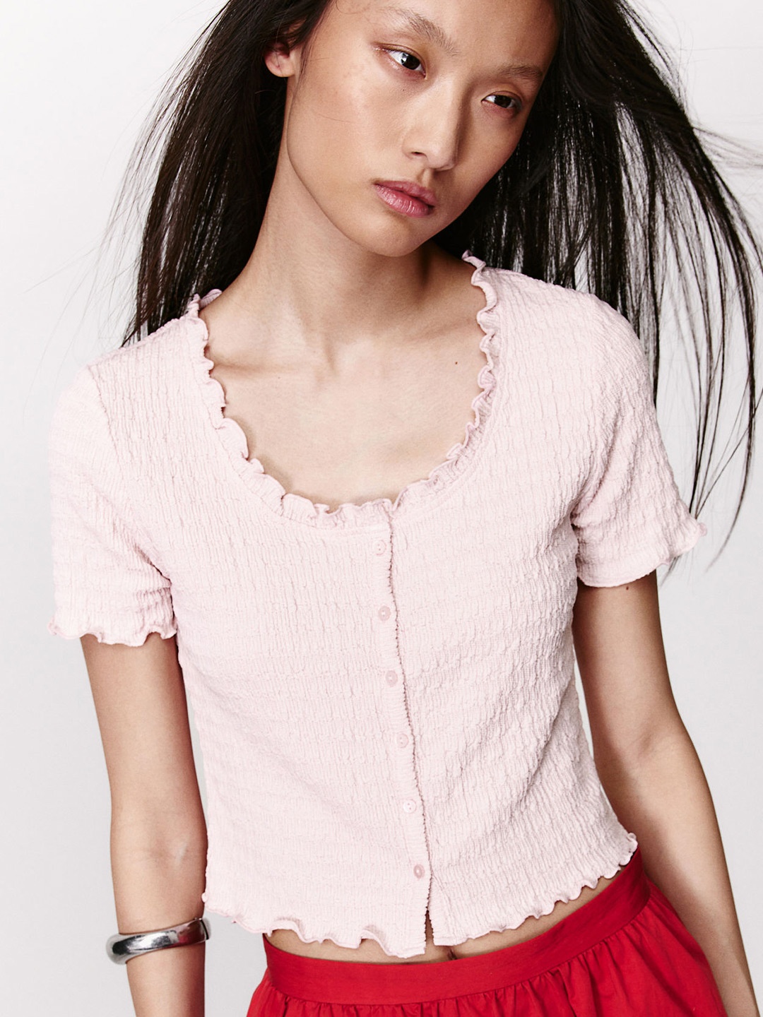 

H&M Crinkled Button-Front Top, Pink