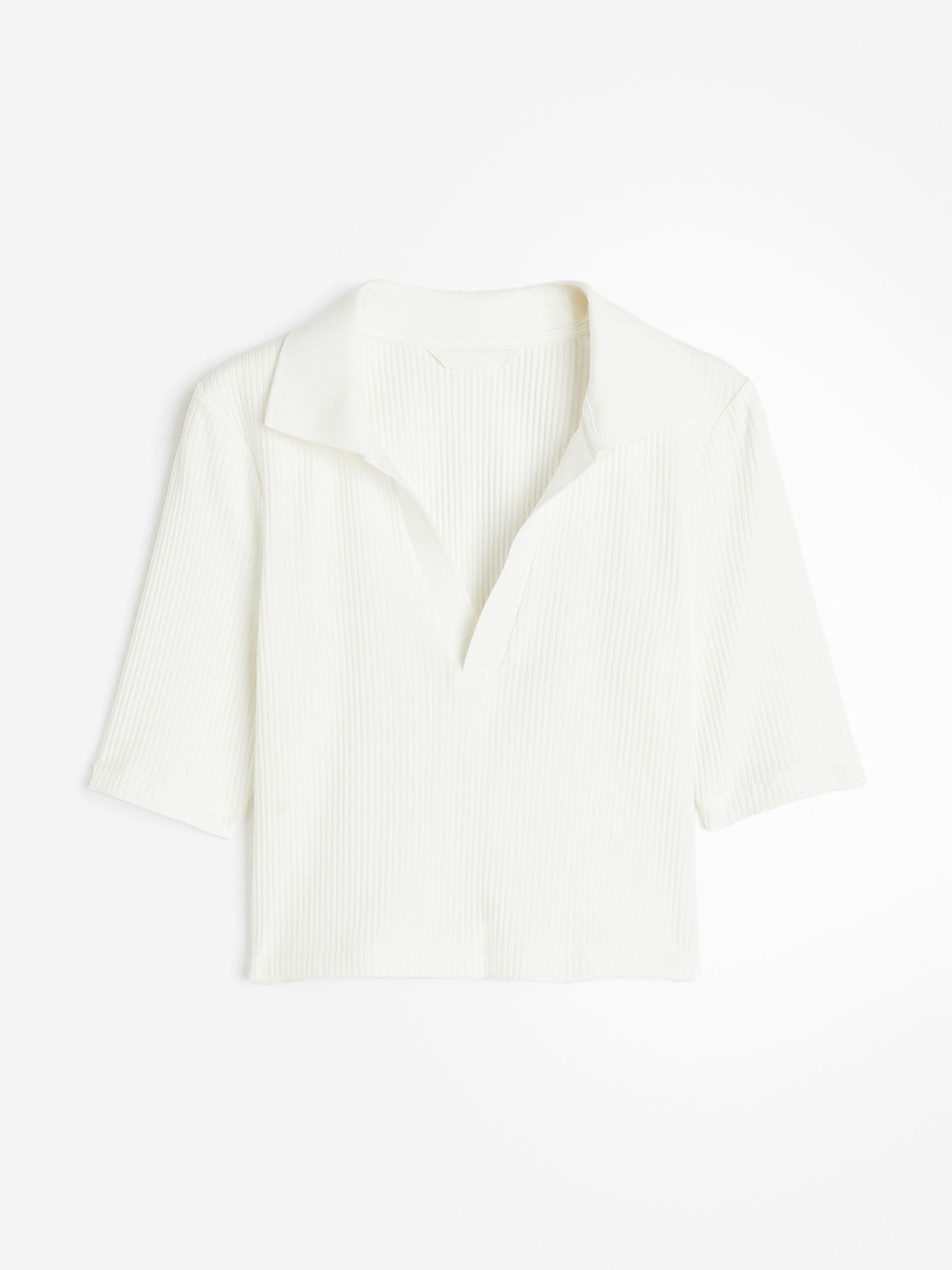 

H&M Women Ribbed Collared Top, White