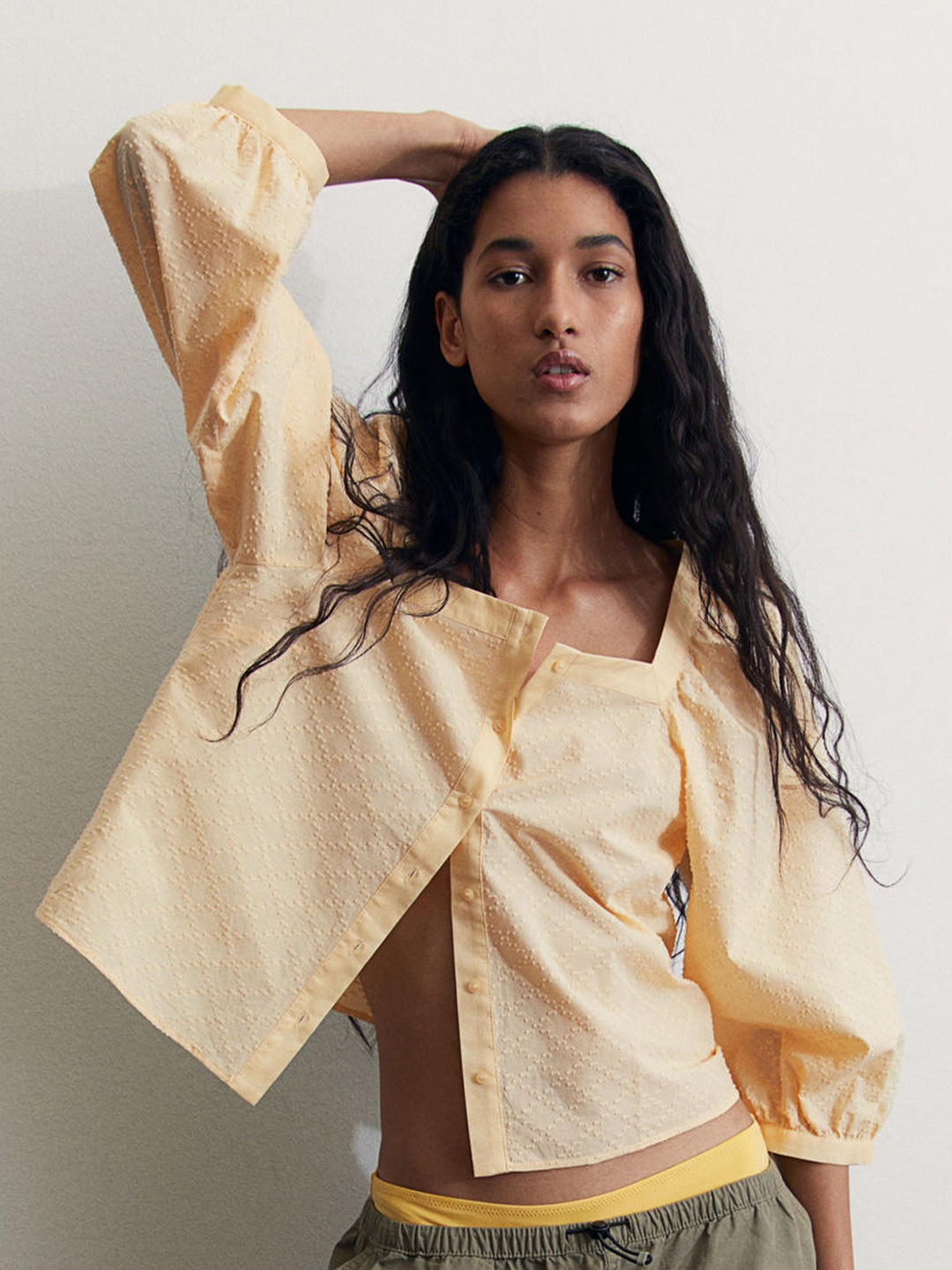 

H&M Square-Neck Cotton Blouse, Yellow