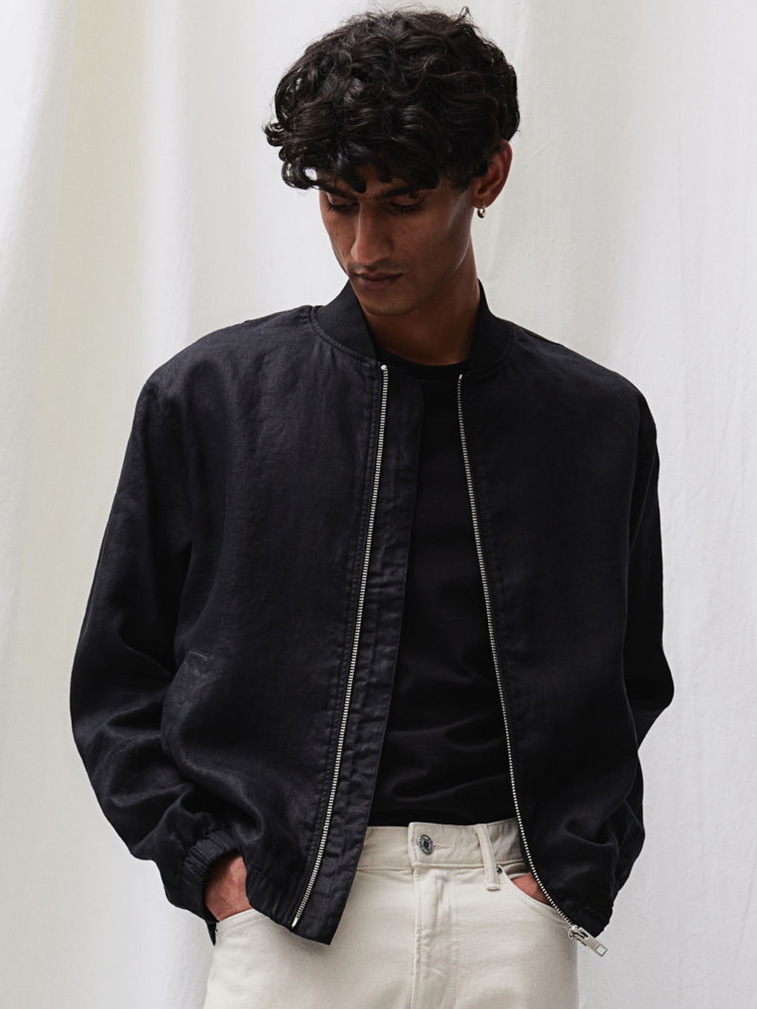

H&M Regular Fit Pure Linen Bomber Jacket, Black