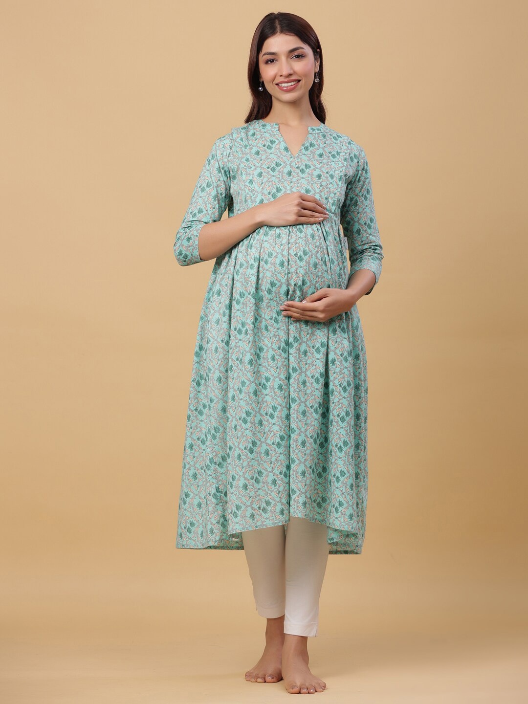 

CRAFIQA Floral Printed Anarkali Pure Cotton Maternity Kurta, Sea green