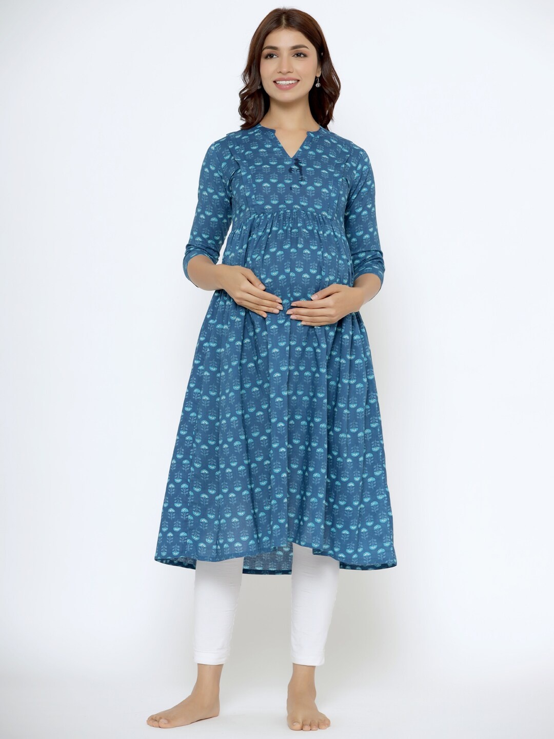 

CRAFIQA Floral Printed Maternity Anarkali Pure Cotton Kurta, Blue