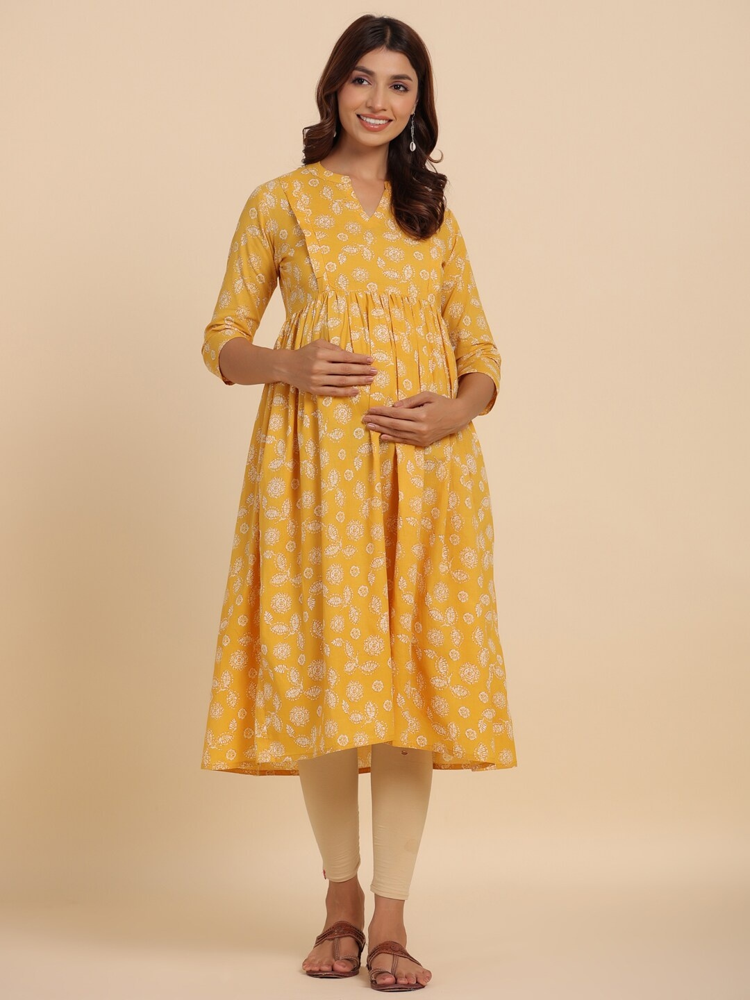 

CRAFIQA Floral Printed Anarkali Pure Cotton Maternity Kurta, Mustard