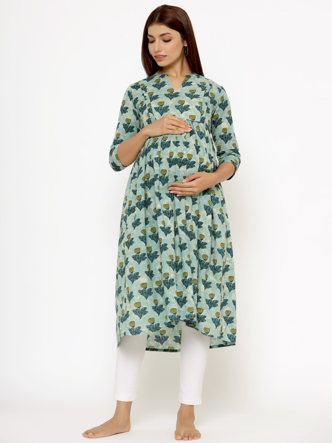 

CRAFIQA Floral Printed V-Neck Maternity Cotton A-Line Kurta, Blue