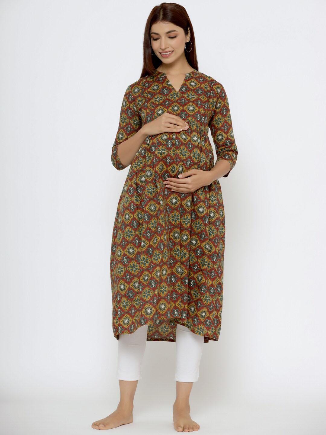 

CRAFIQA Floral Printed Pure Cotton Maternity Anarkali Kurta, Maroon