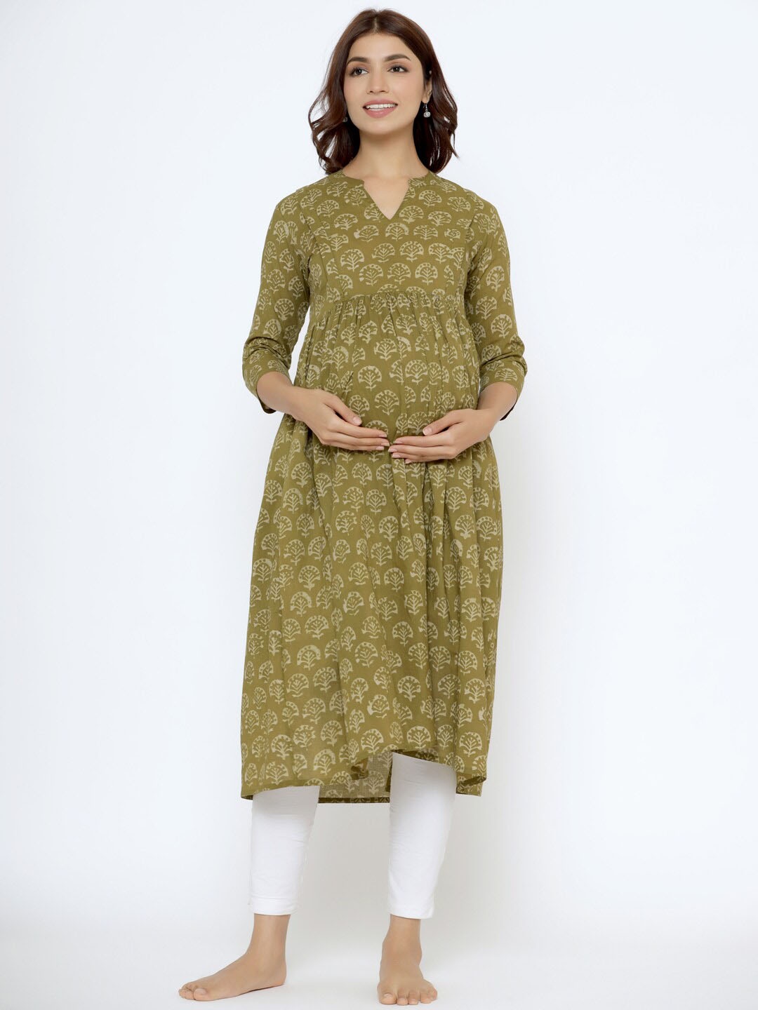 

CRAFIQA Floral Printed Pure Cotton Maternity Anarkali Kurta, Olive