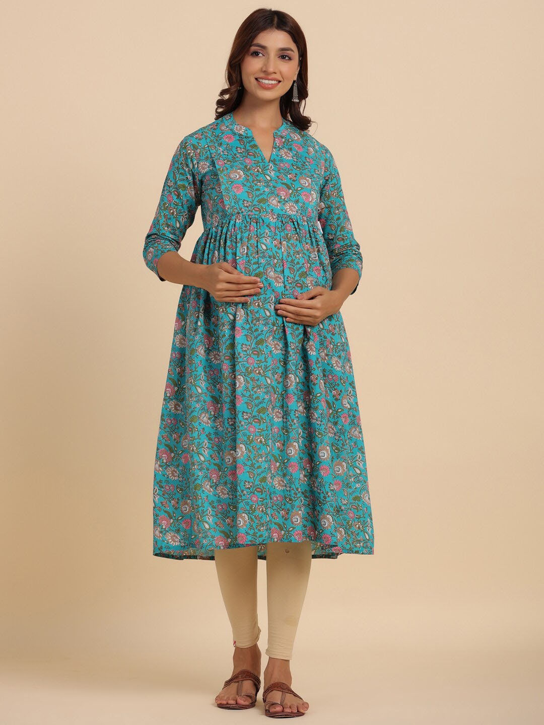 

CRAFIQA Floral Printed Maternity & Nursing Kurta, Turquoise blue