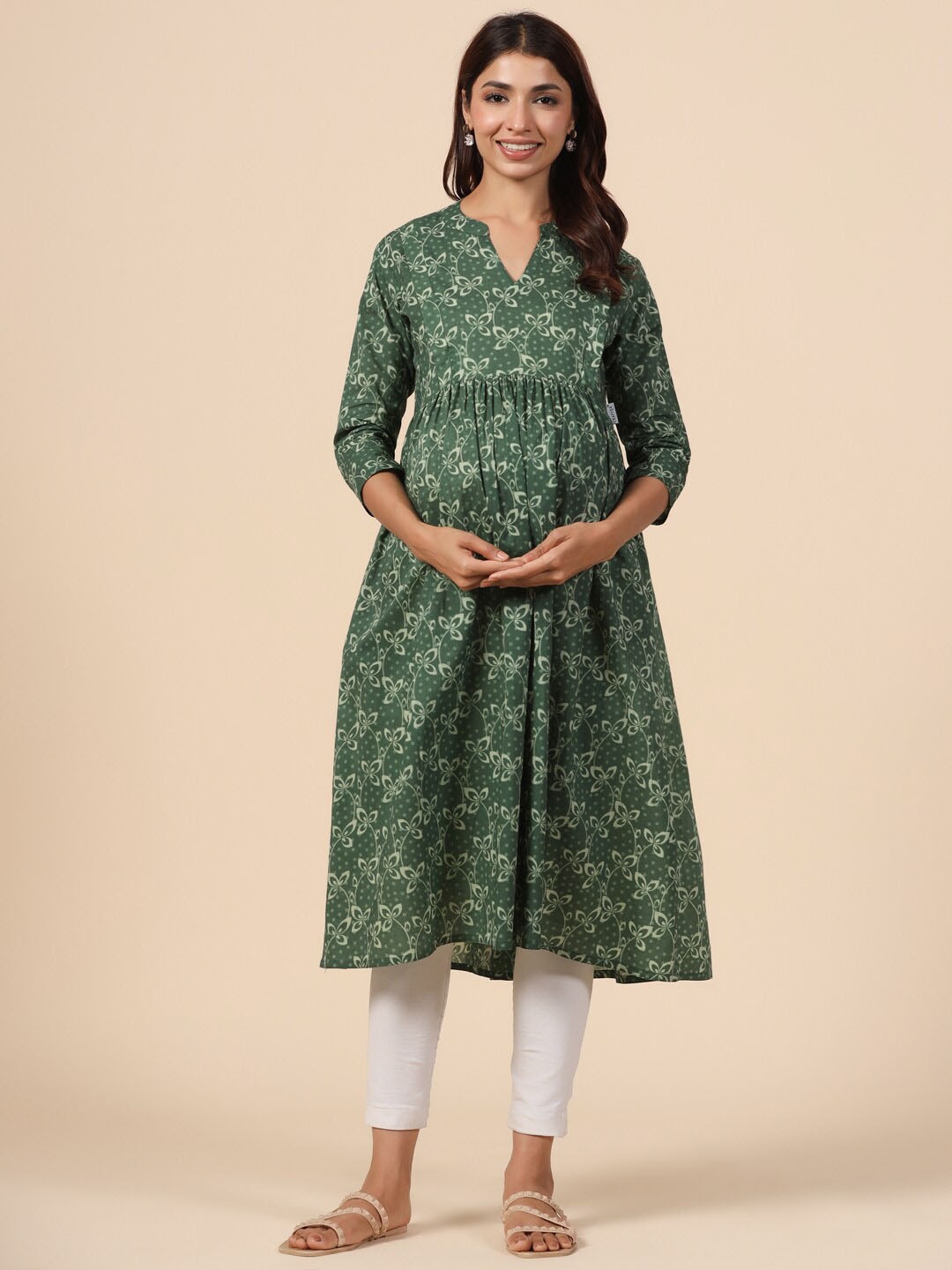 

CRAFIQA Floral Printed Maternity Anarkali Pure Cotton Kurta, Green