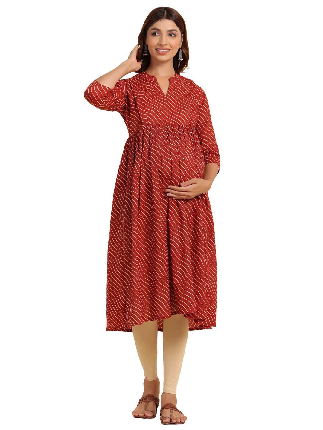 

CRAFIQA Striped Pure Cotton Maternity & Nursing Pleated Anarkali Kurta, Red