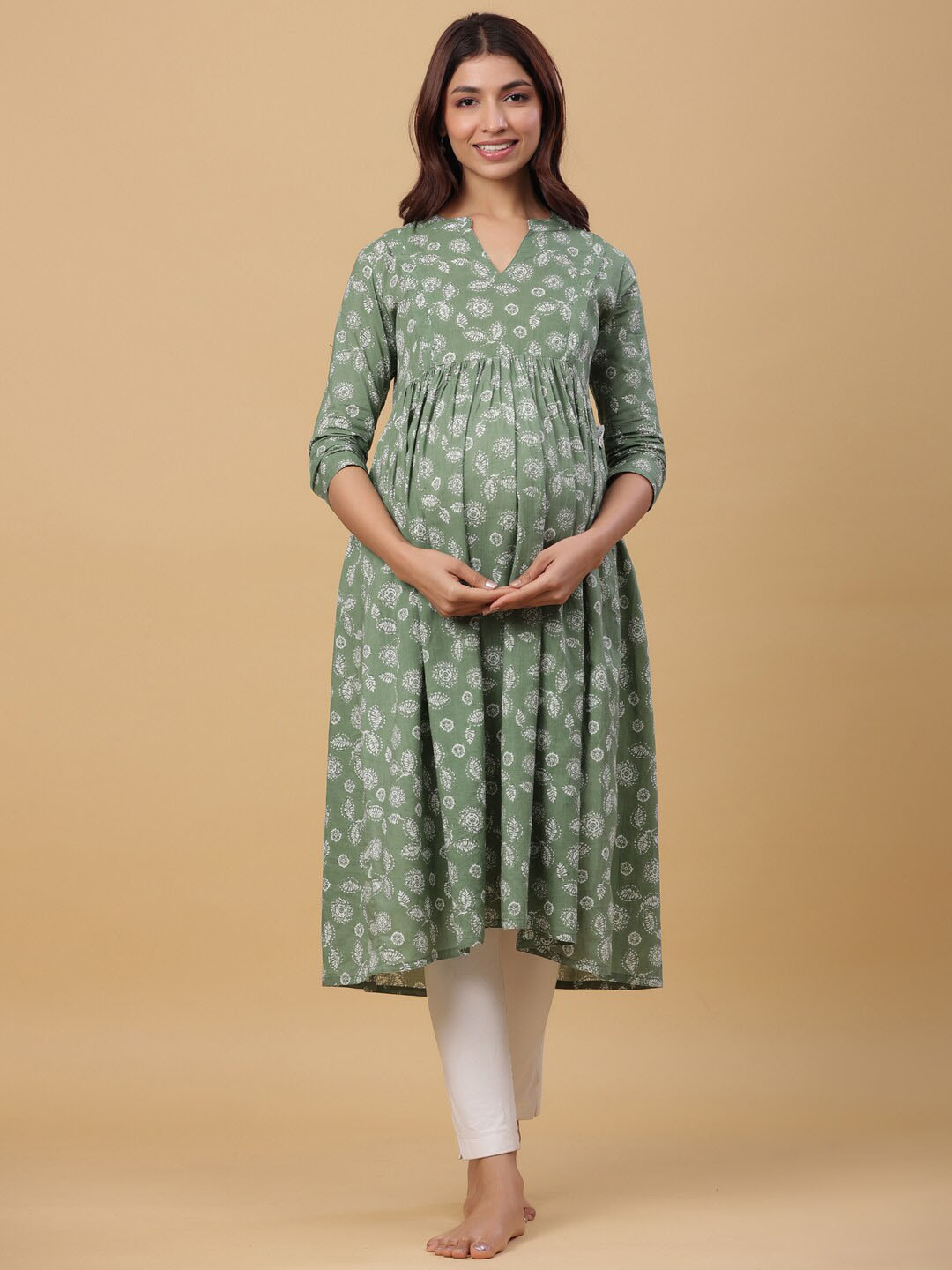 

CRAFIQA Floral Printed Anarkali Pure Cotton Maternity Kurta, Green
