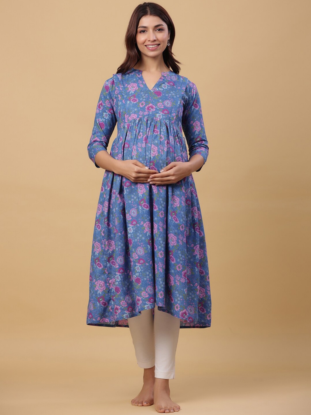 

CRAFIQA Floral Printed Maternity & Nursing Kurta, Blue