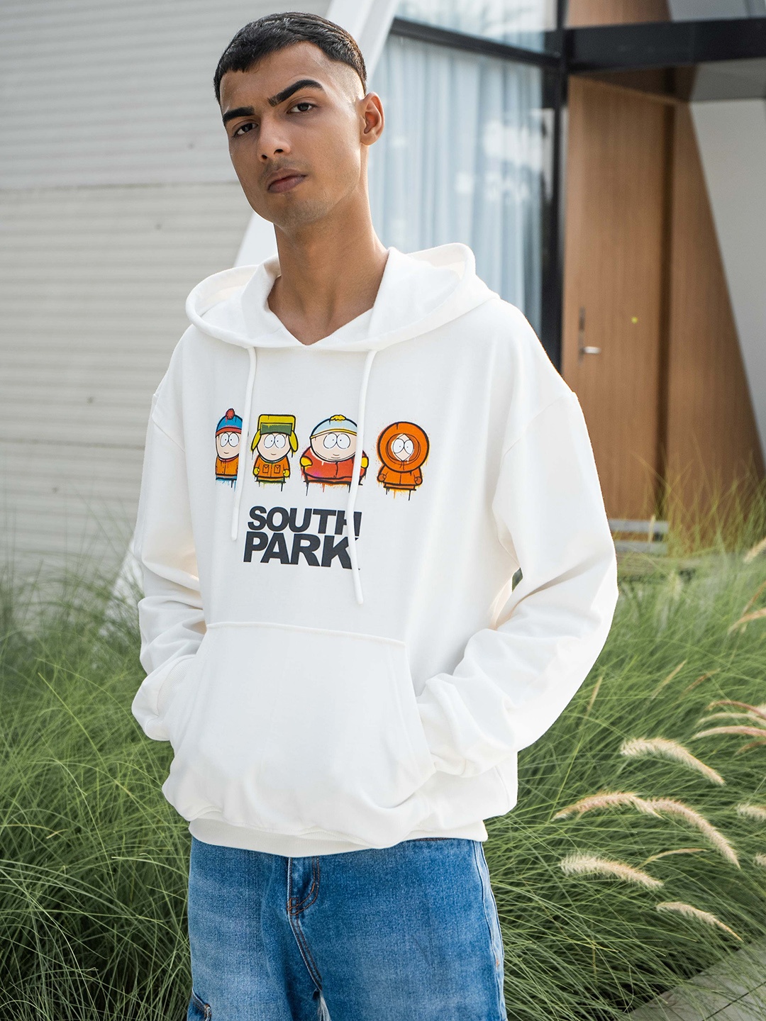 COLOR CAPITAL Printed Pure Cotton Hooded Pullover Sweatshirt, Cream