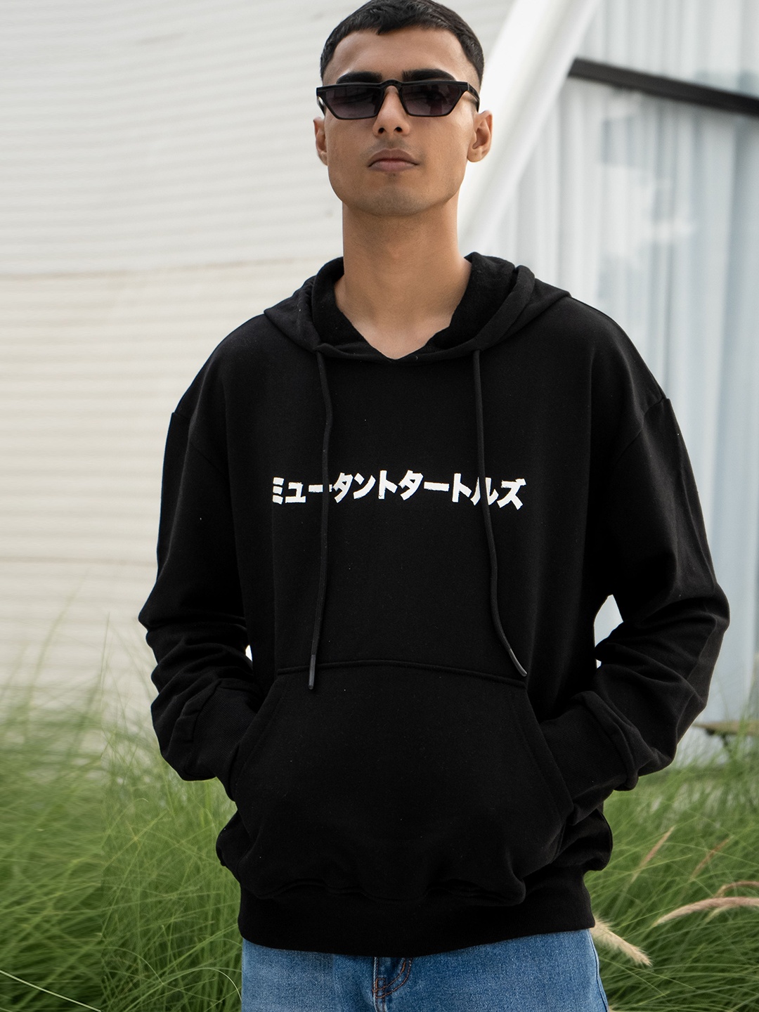 

COLOR CAPITAL Printed Pure Cotton Hooded Pullover Sweatshirt, Black