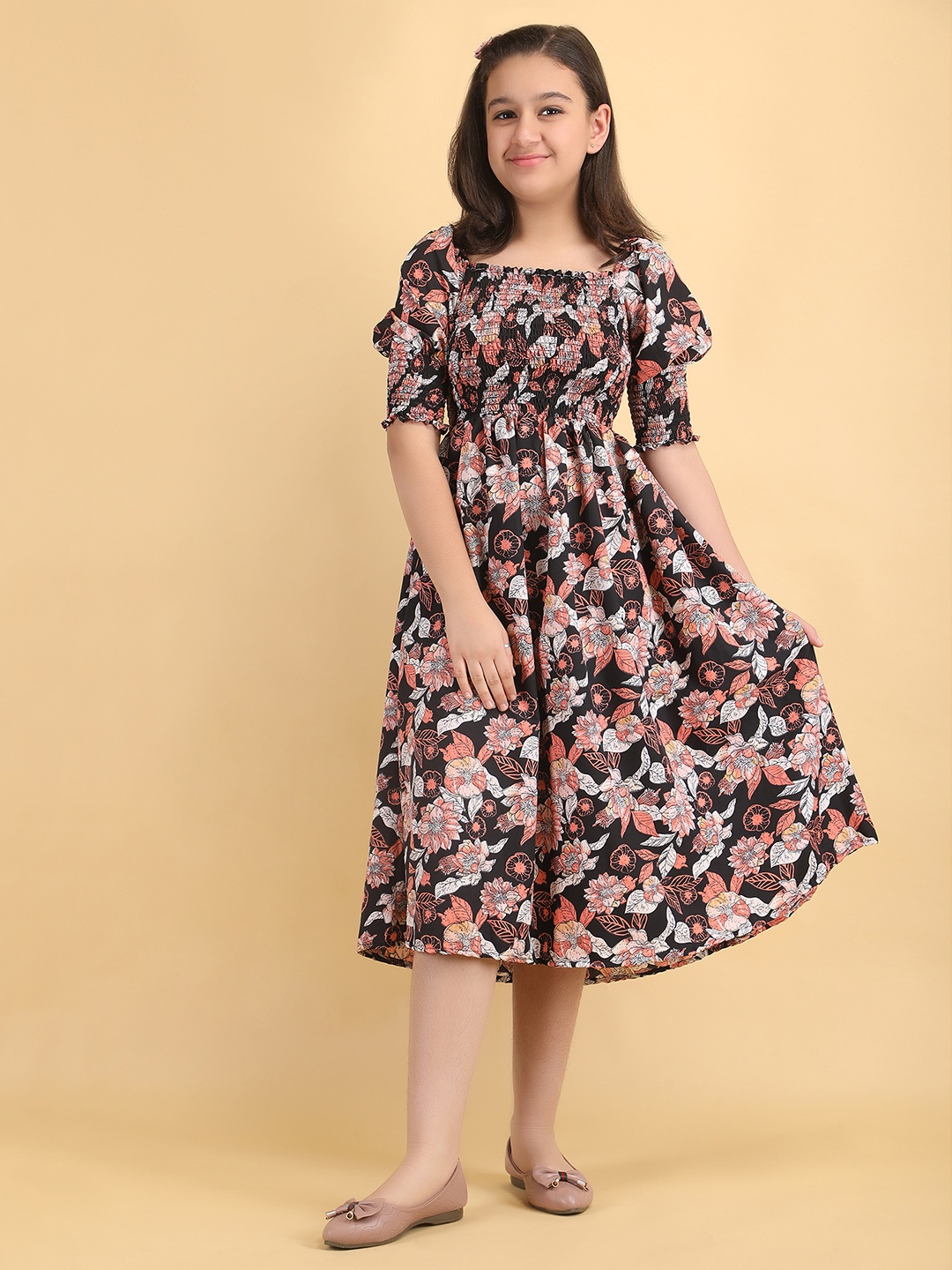 DEKLOOK Floral Print Square Neck Puff Sleeve Fit & Flare Midi Dress, Black