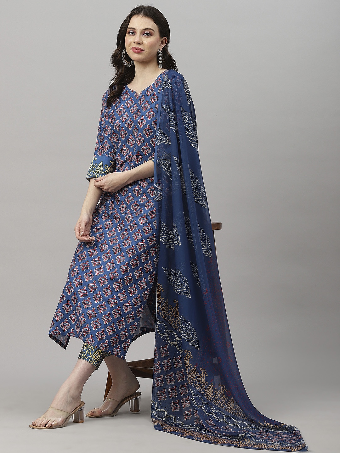 

KALINI Ethnic Motifs Printed V-Neck Kurta with Trousers & Dupatta, Blue