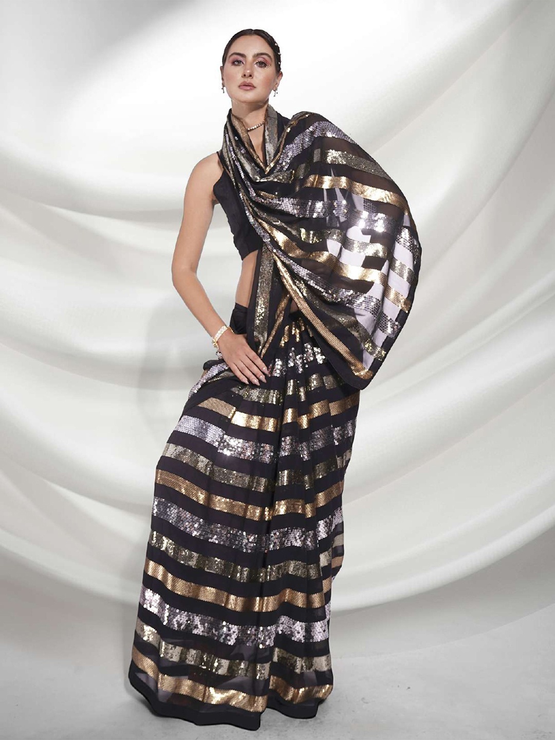 

Angroop Woven Design Embellished Sequinned Pure Georgette Saree, Black