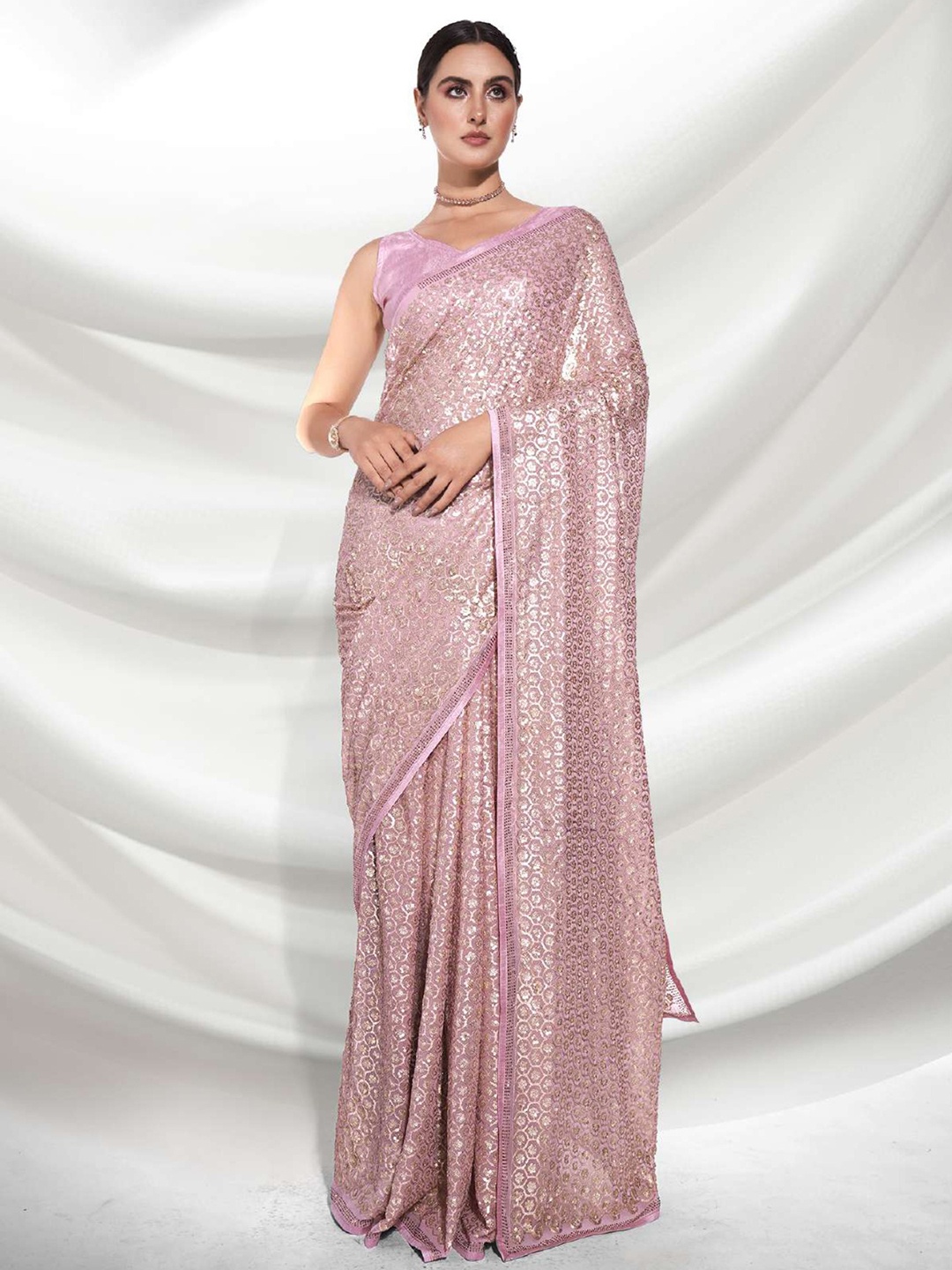 

Angroop Woven Design Embellished Sequinned Pure Georgette Saree, Pink