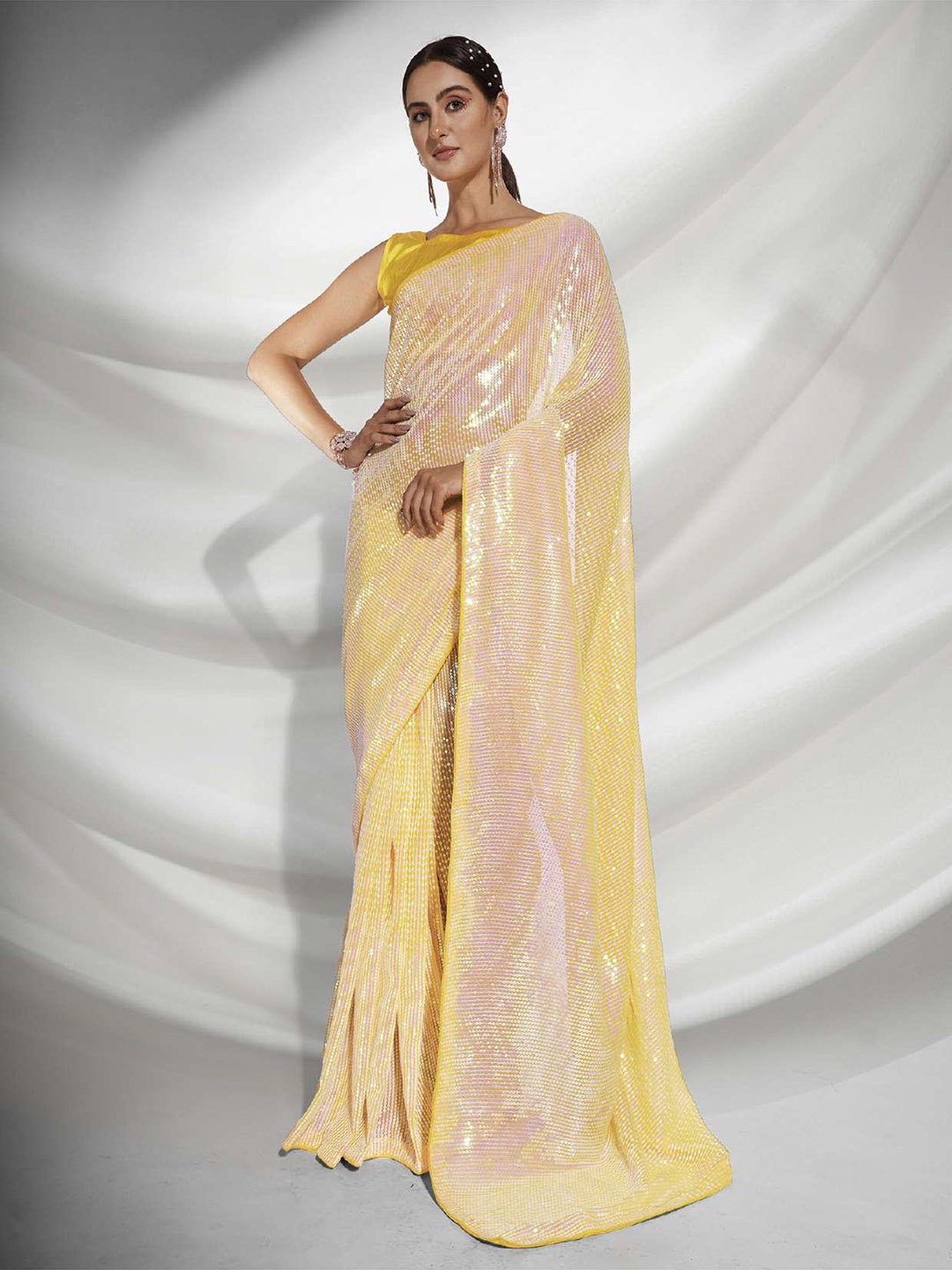 

Angroop Woven Design Embellished Sequinned Pure Georgette Saree, Yellow