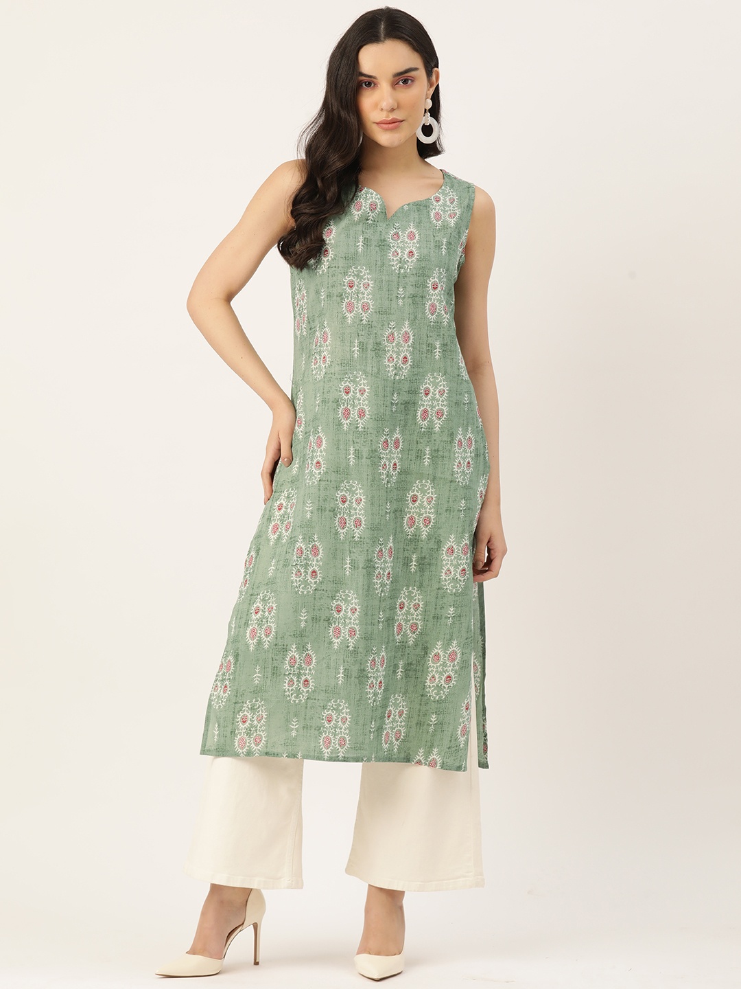 

FERANOID Women Floral Printed Pure Cotton Kurta, Green