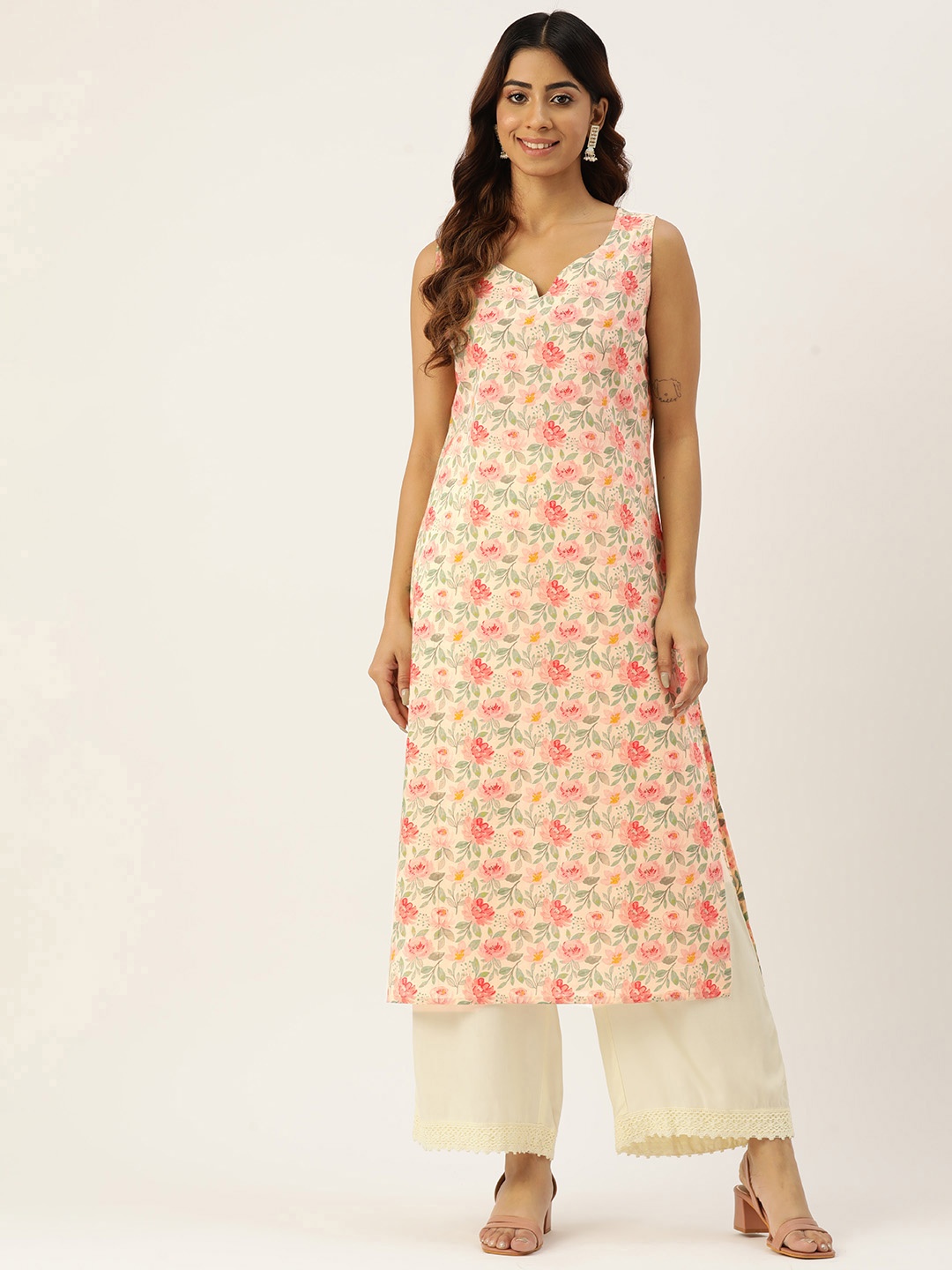 

FERANOID Women Floral Printed Cotton Kurta, Peach