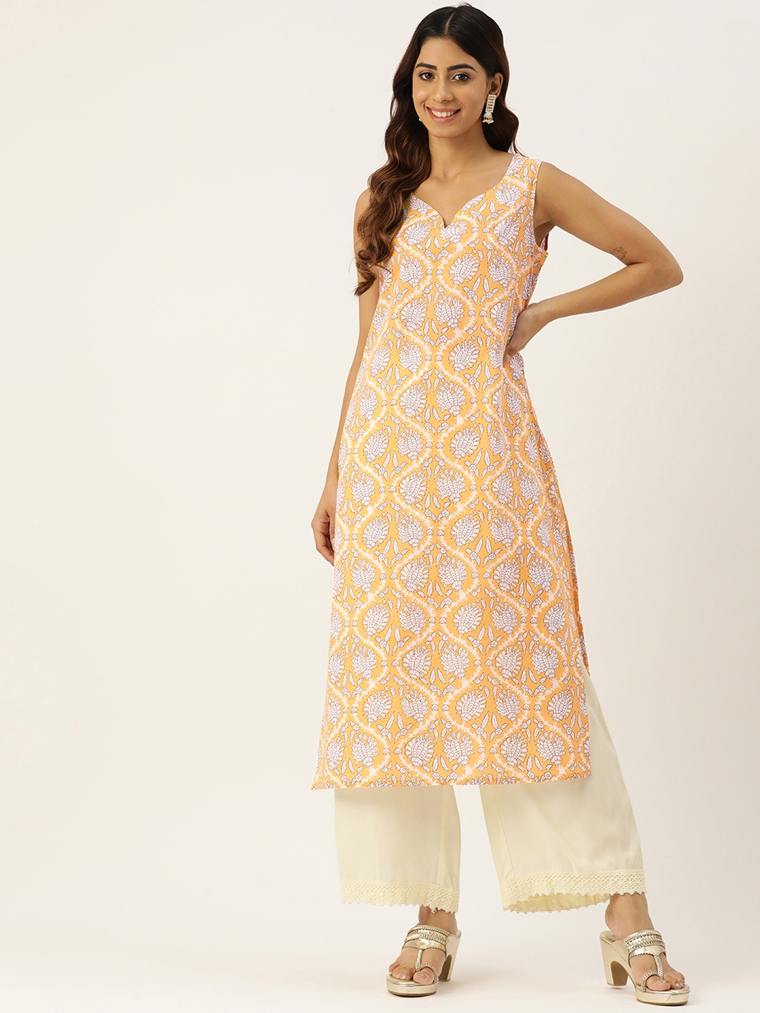 

FERANOID Women Floral Printed Cotton Kurta, Yellow