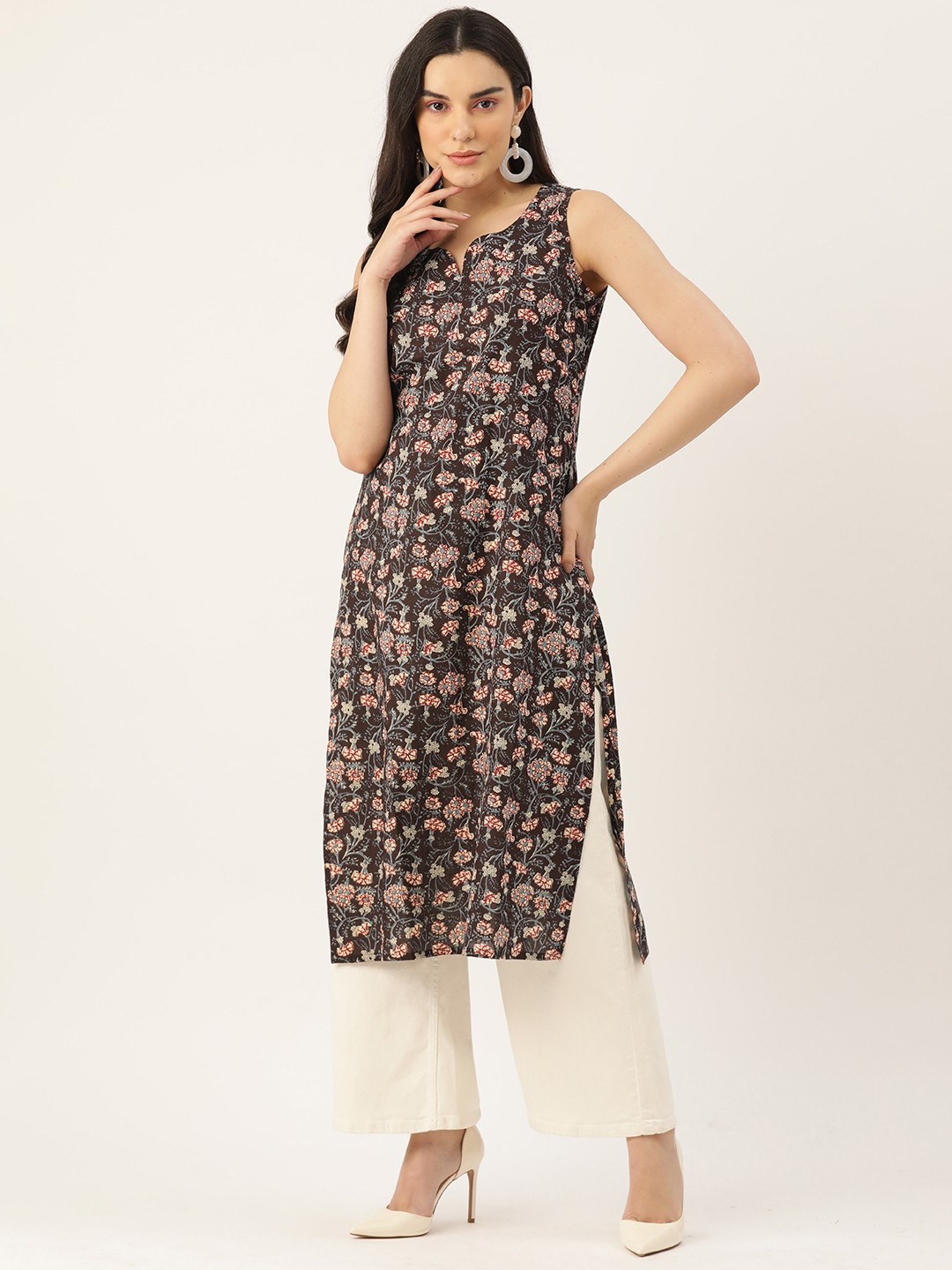 

FERANOID Floral Printed Pure Cotton Kurta, Black