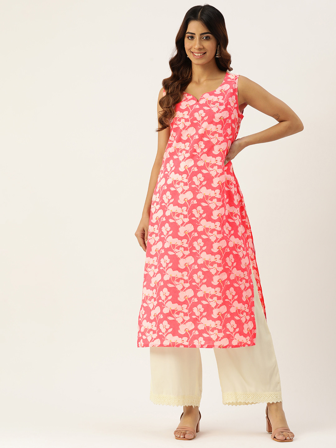 

FERANOID Women Floral Printed Cotton Kurta, Pink